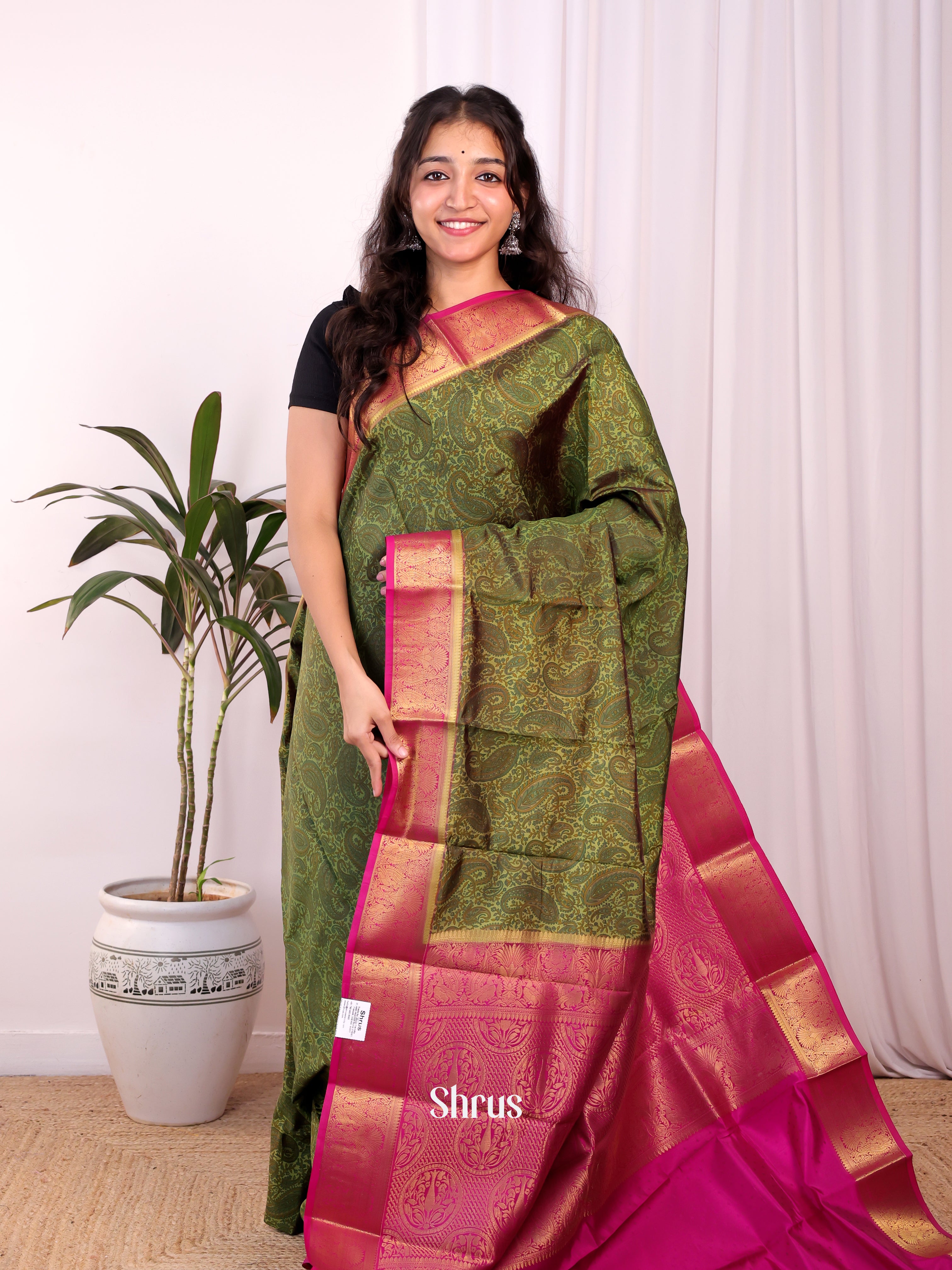 Green & WIne - Printed Silk Saree - Shop on Shrus.com