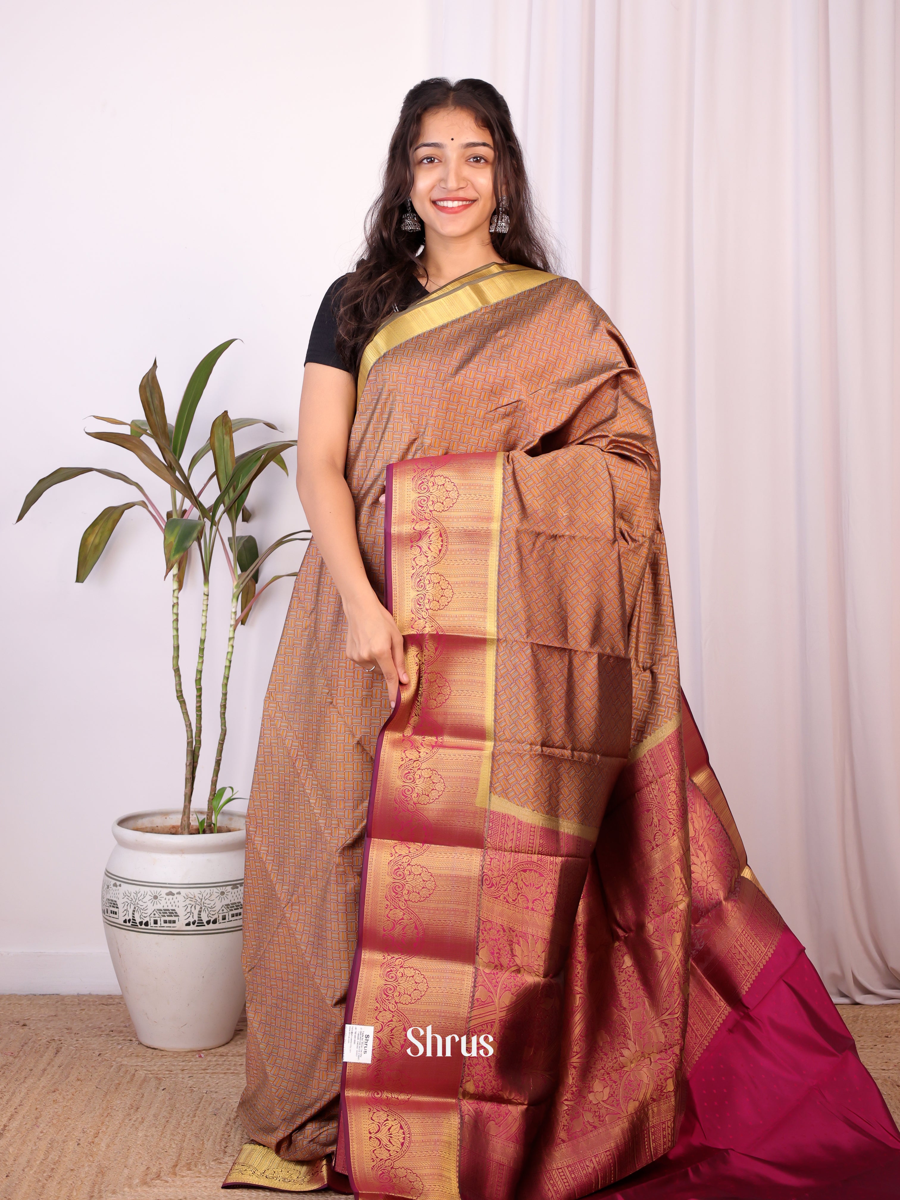 Brown & Maroon - Printed Silk Saree - Shop on Shrus.com