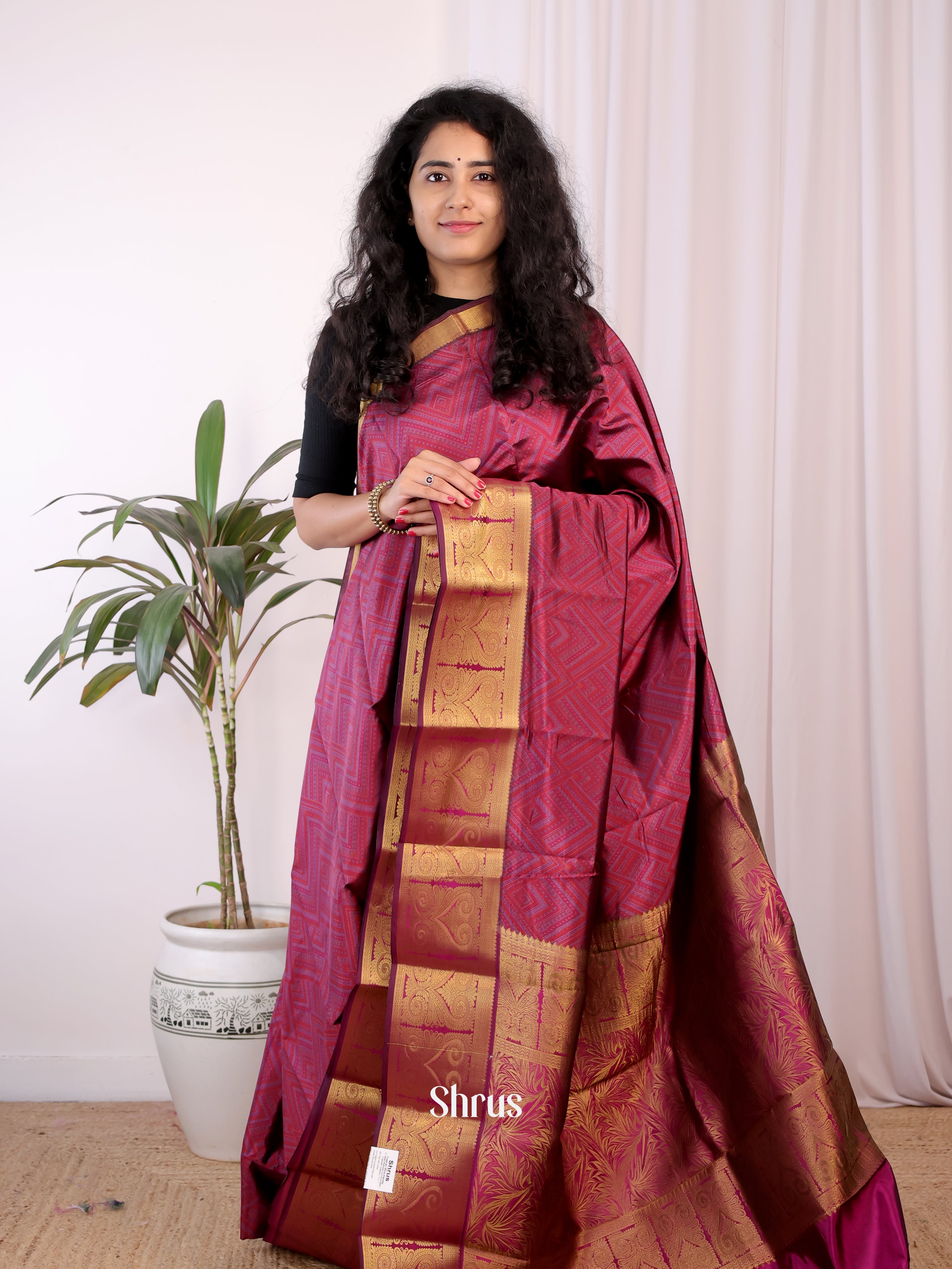 Wine - Printed Silk Saree - Shop on Shrus.com