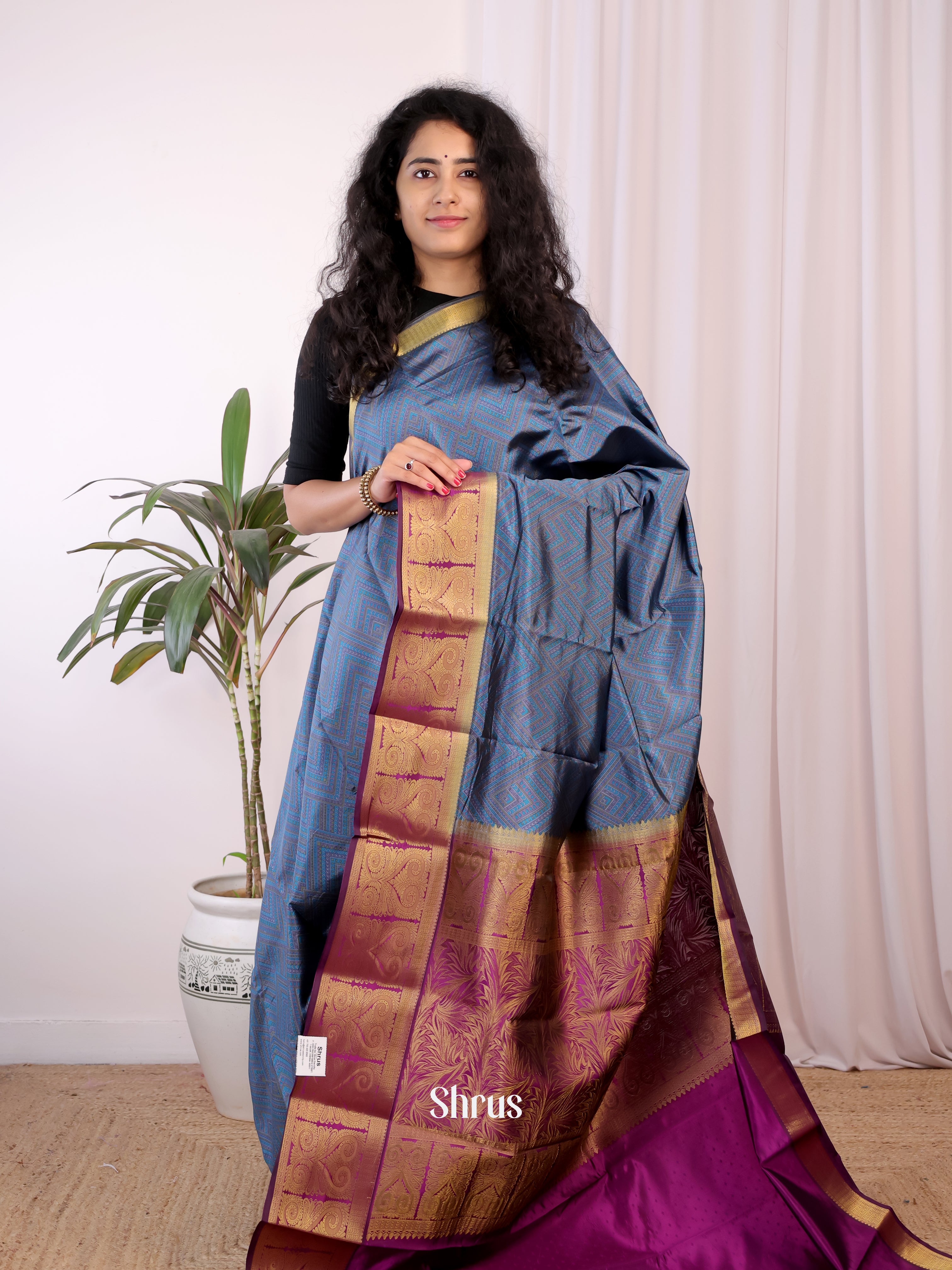 Blue & Purple - Printed Silk Saree - Shop on Shrus.com