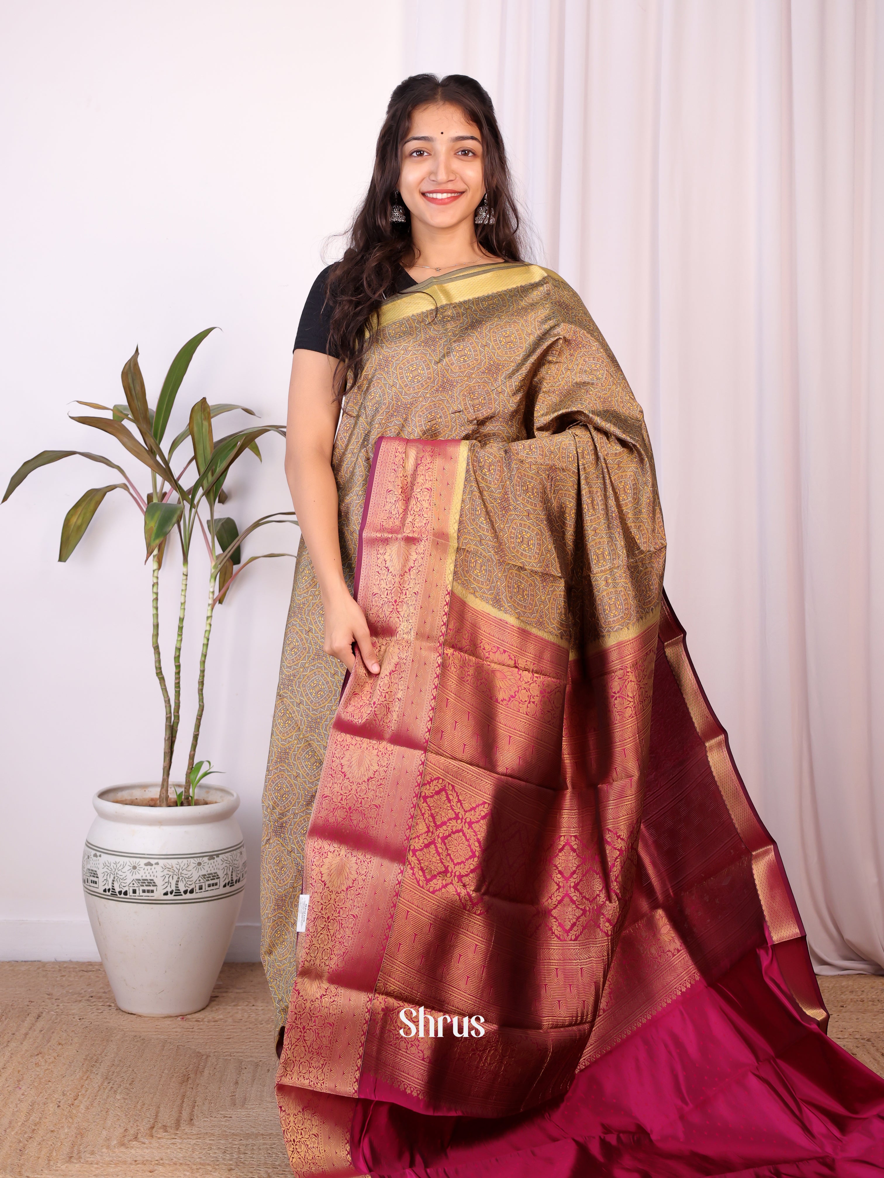 Green & Wine - Printed Silk Saree - Shop on Shrus.com