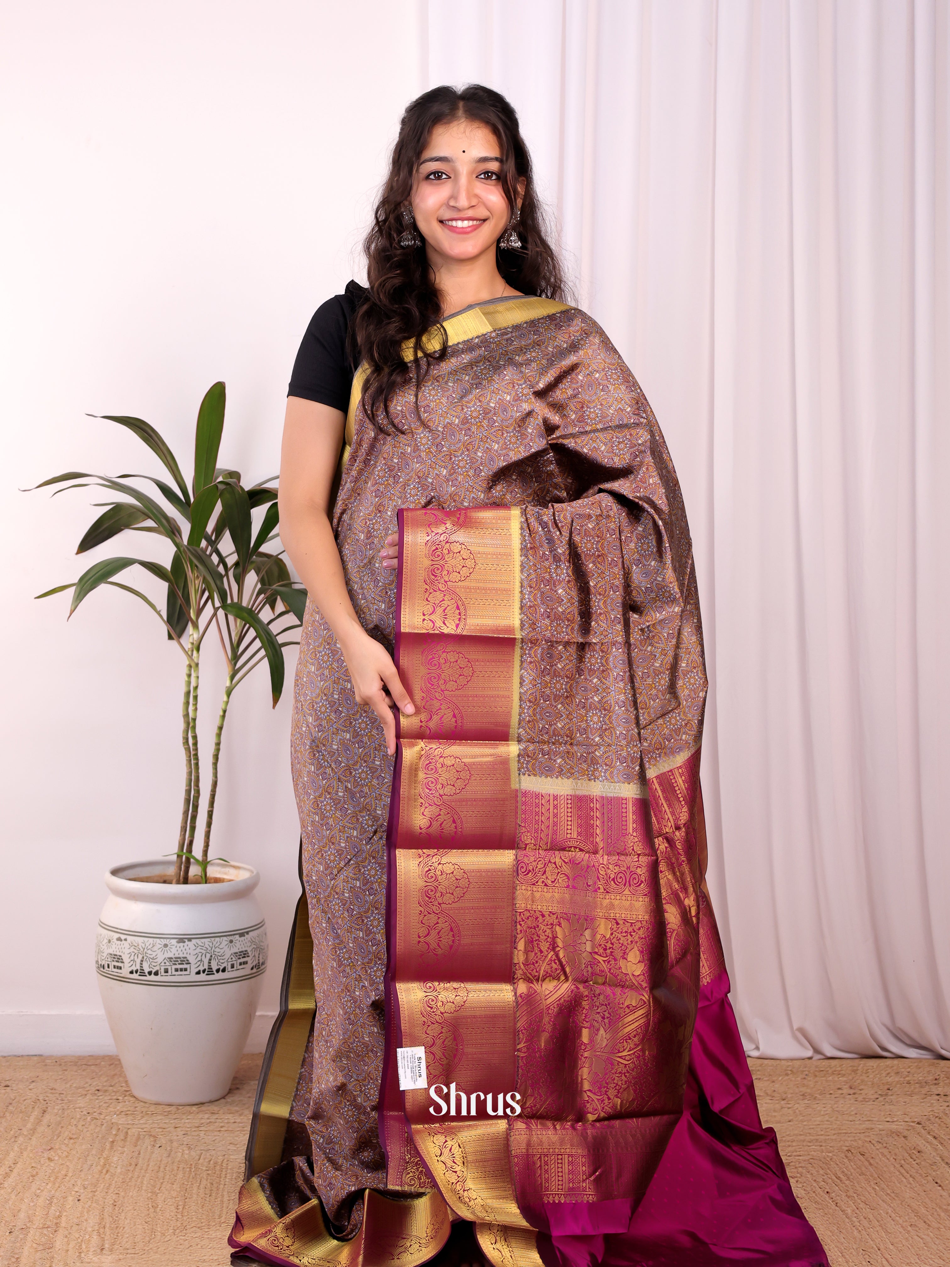 Mild Purple & Wine- Printed Silk Saree - Shop on Shrus.com