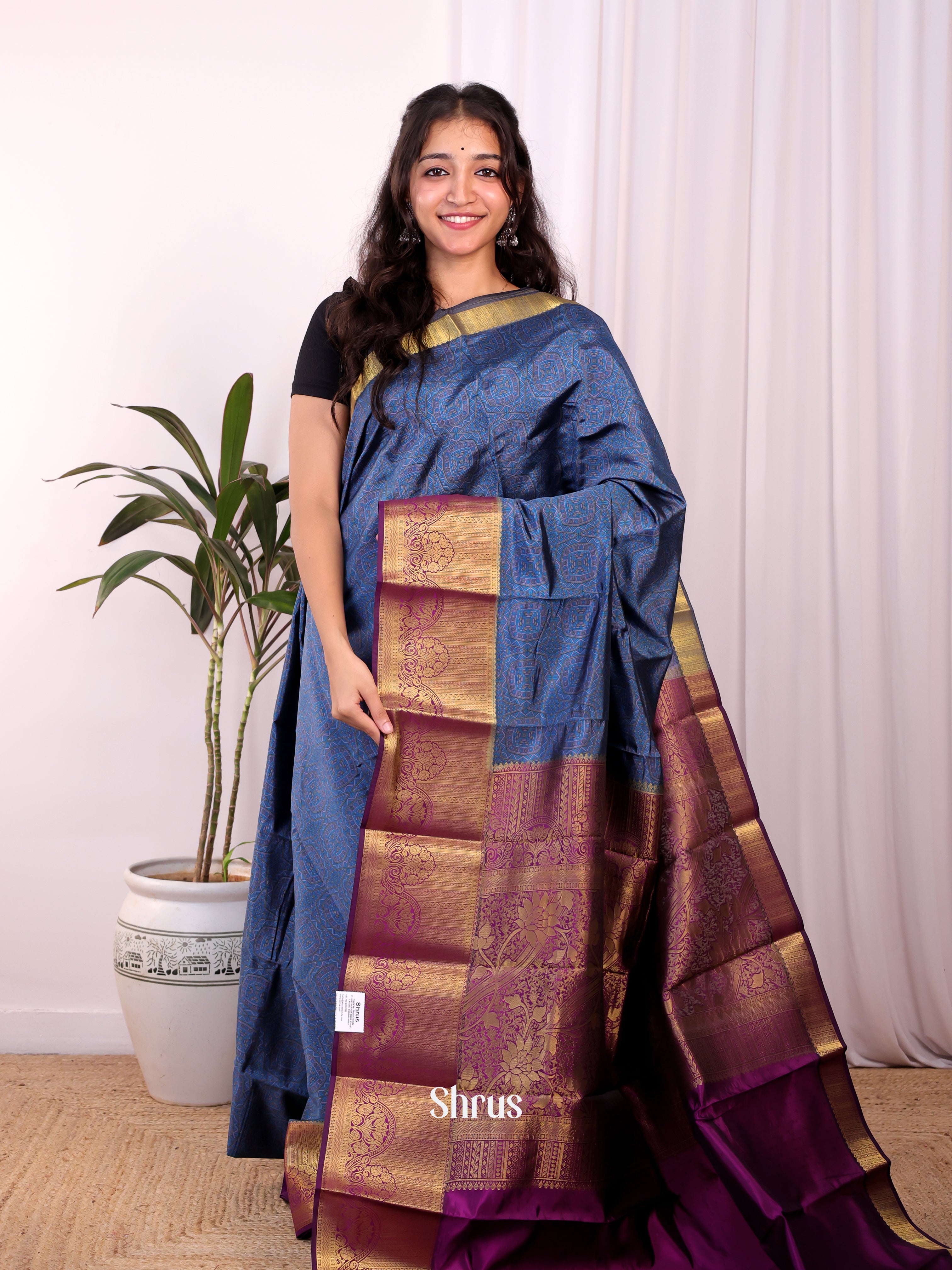 Blue & Dark Purple - Printed Silk Saree - Shop on Shrus.com