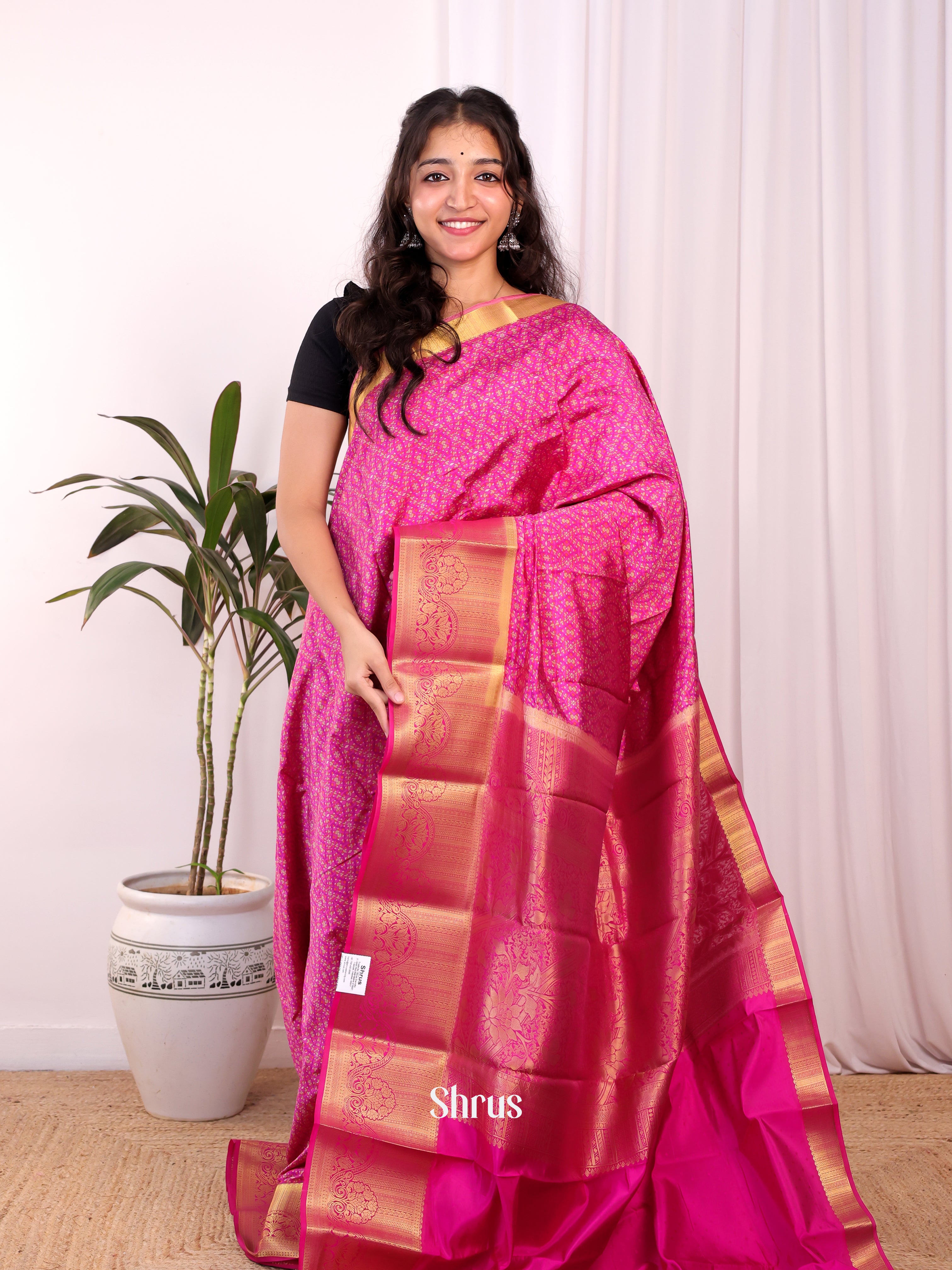 Rose Pink- Printed Silk Saree - Shop on Shrus.com