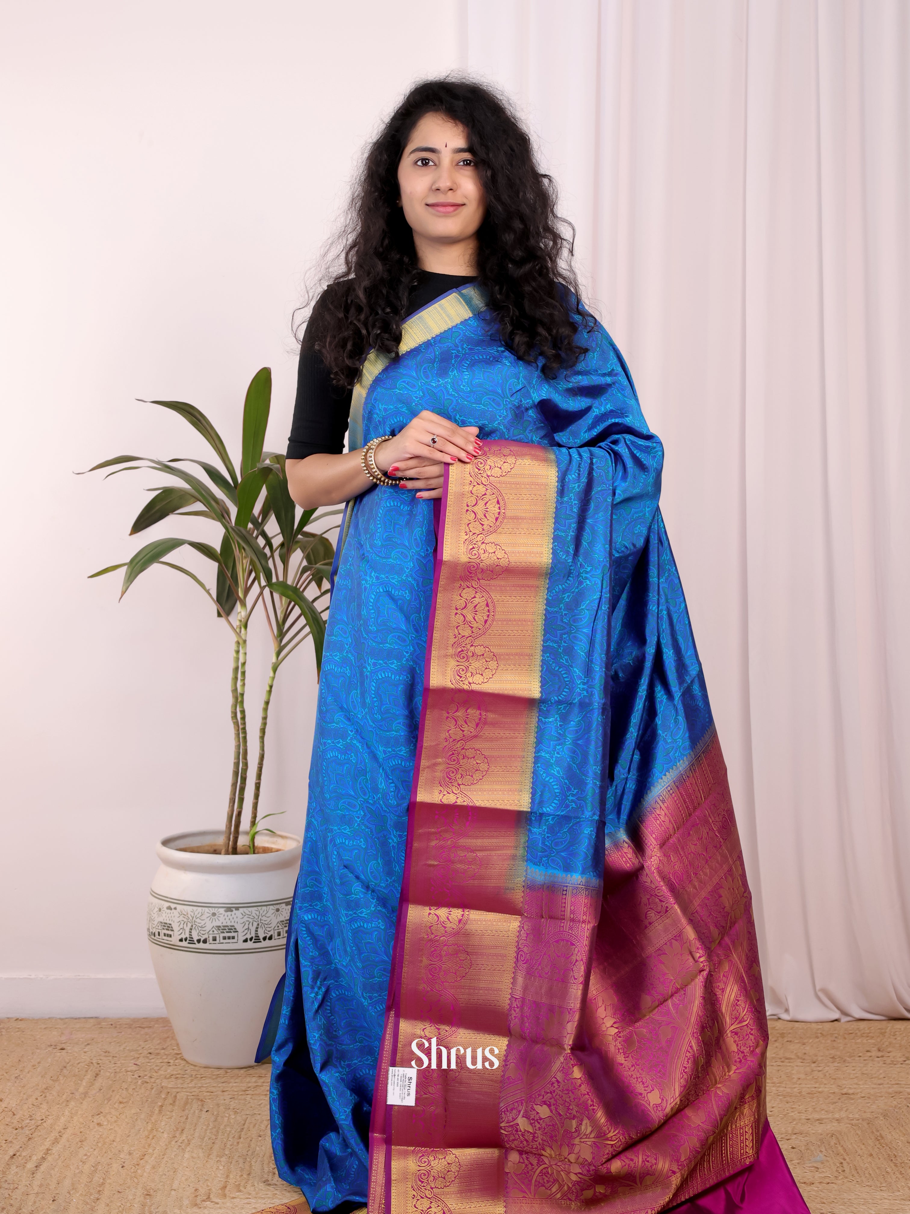 Blue & Purple - Printed Silk Saree - Shop on Shrus.com