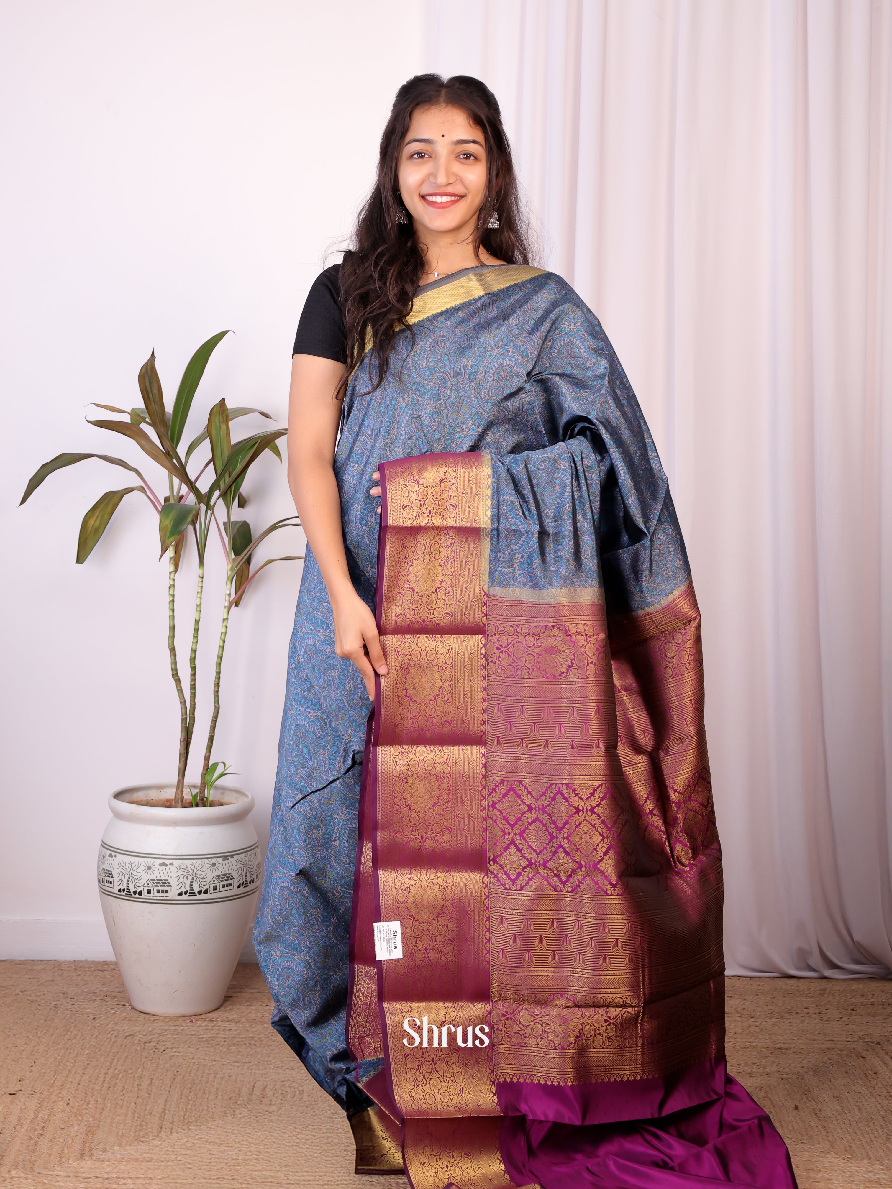 Blue & Purple - Printed Silk Saree - Shop on Shrus.com
