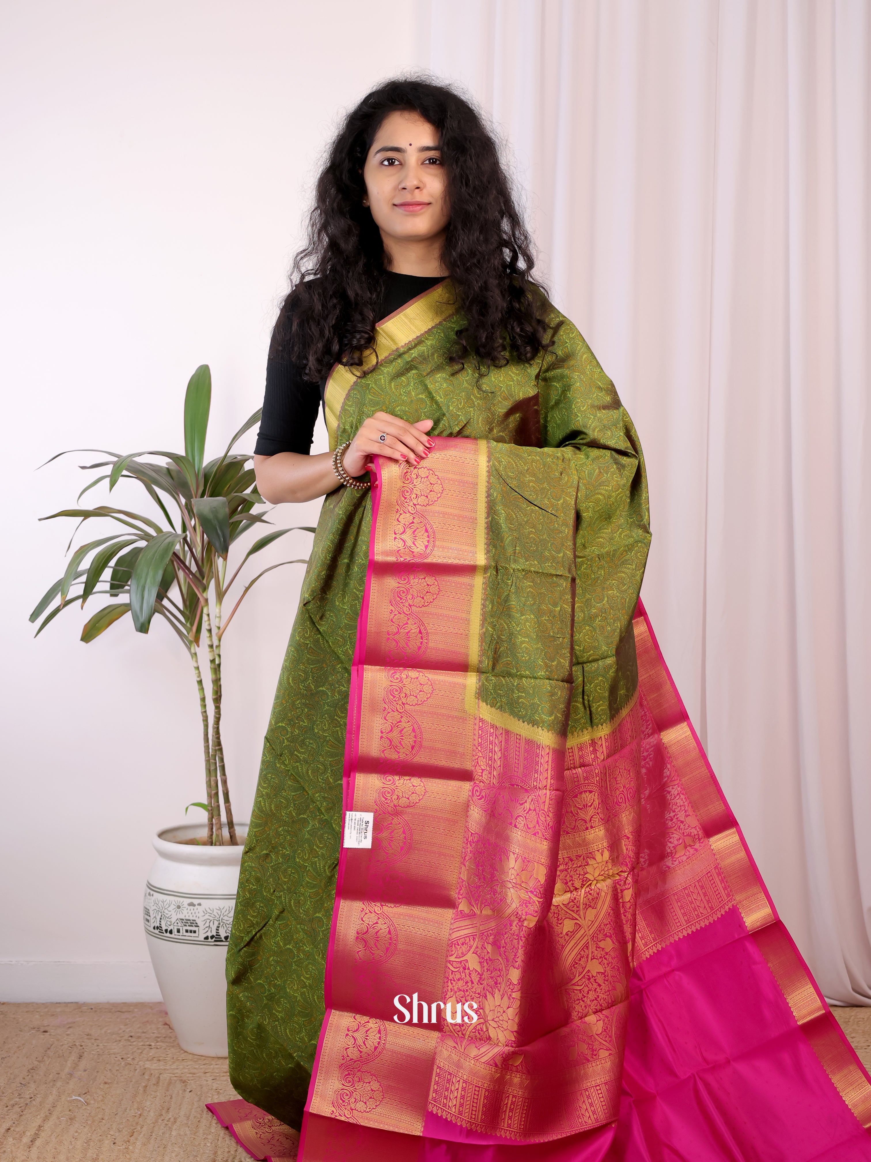 Green & Pink - Printed Silk Saree - Shop on Shrus.com