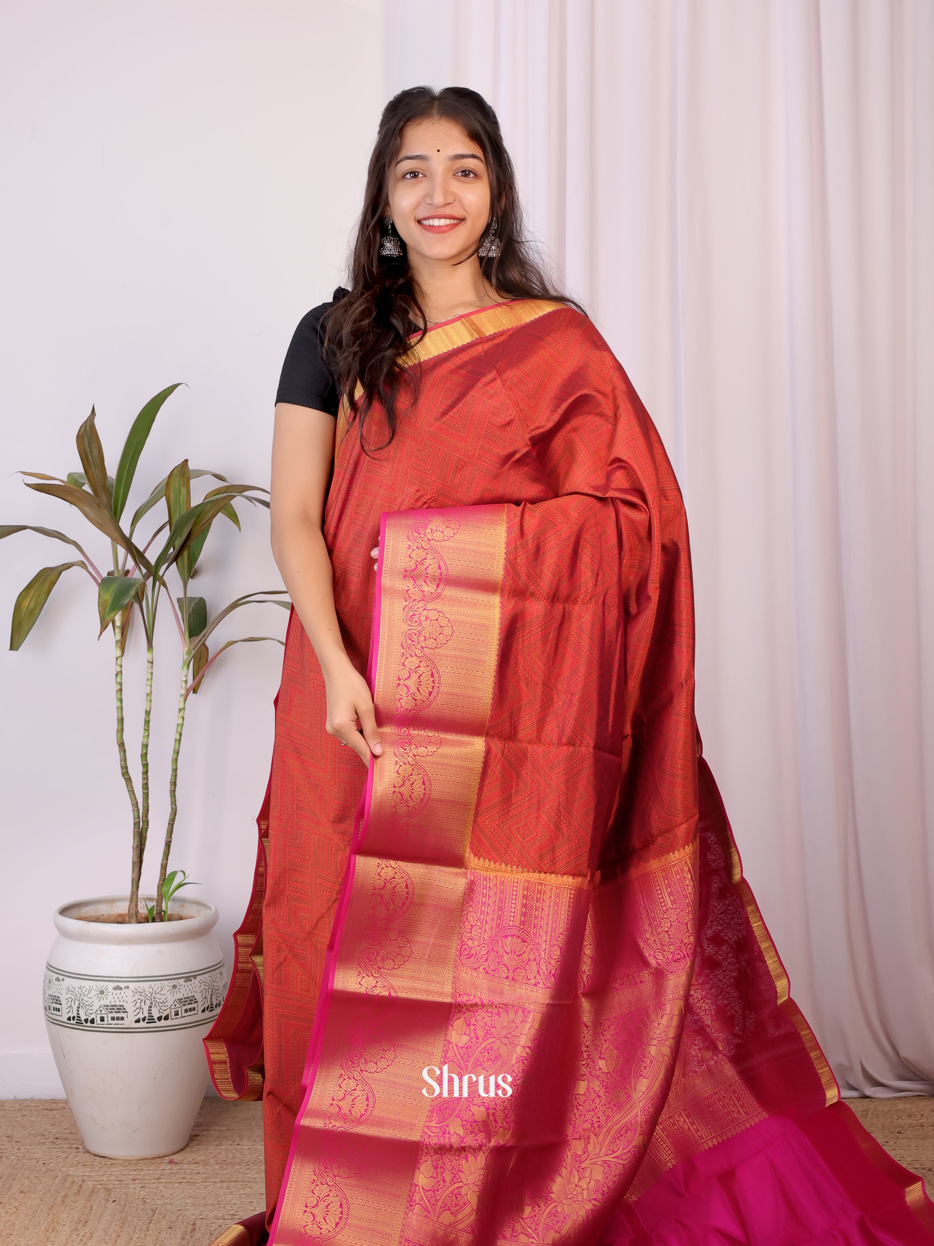 Rust & Pink- Printed Silk Saree - Shop on Shrus.com