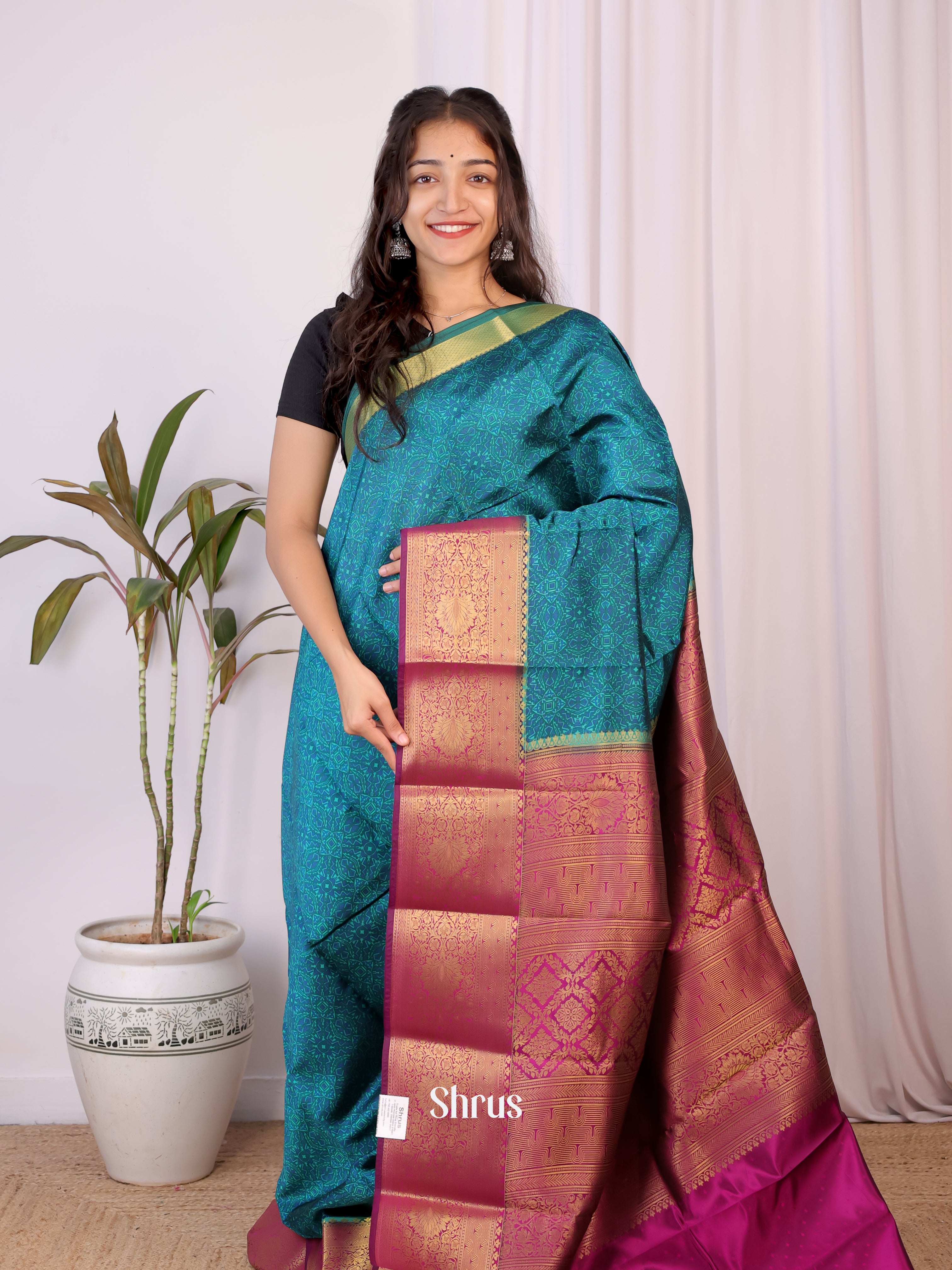 Blue & Purple - Printed Silk Saree - Shop on Shrus.com