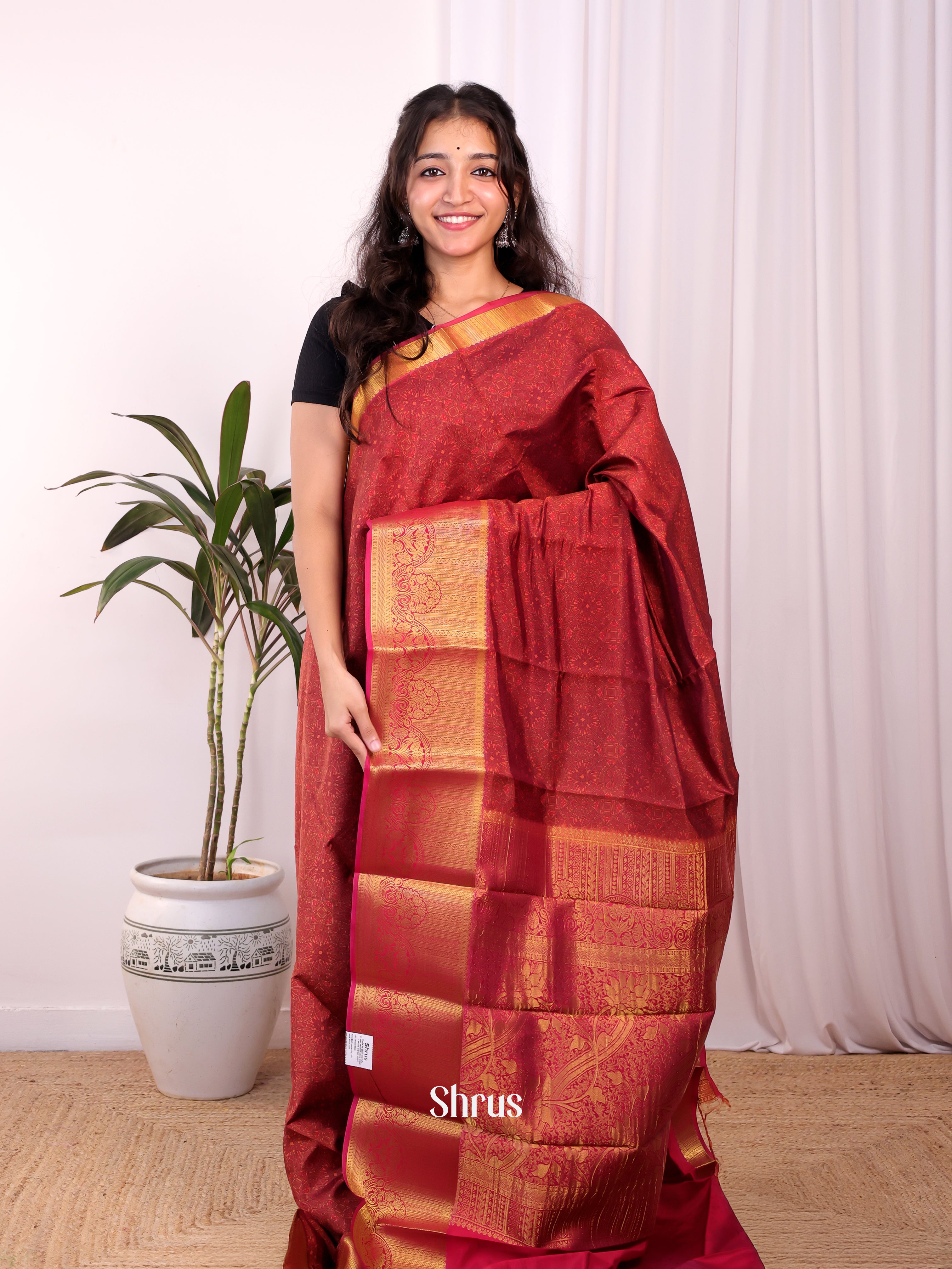 Maroon - Printed Silk Saree - Shop on Shrus.com