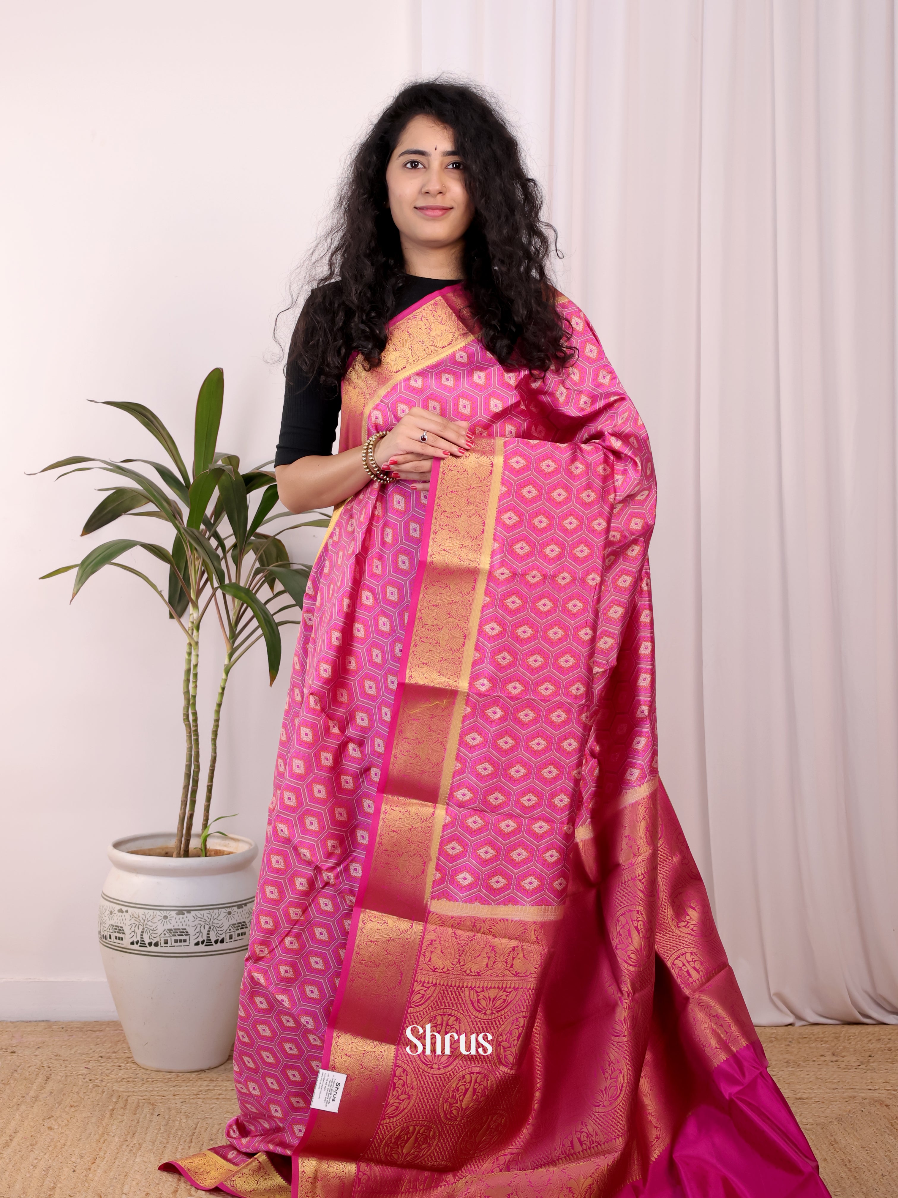 Pink - Printed Silk Saree - Shop on Shrus.com