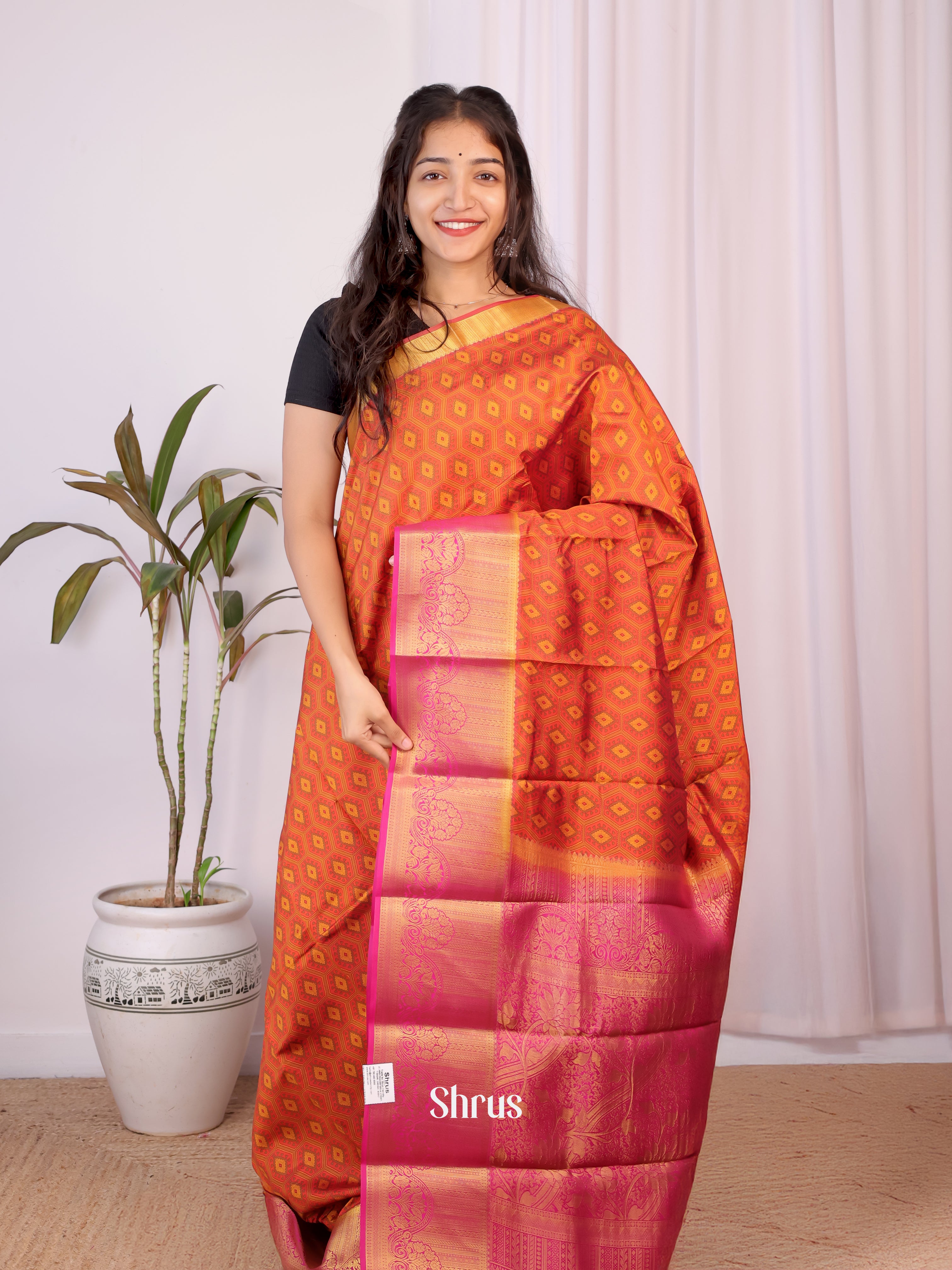 Brick & Pink - Printed Silk Saree - Shop on Shrus.com