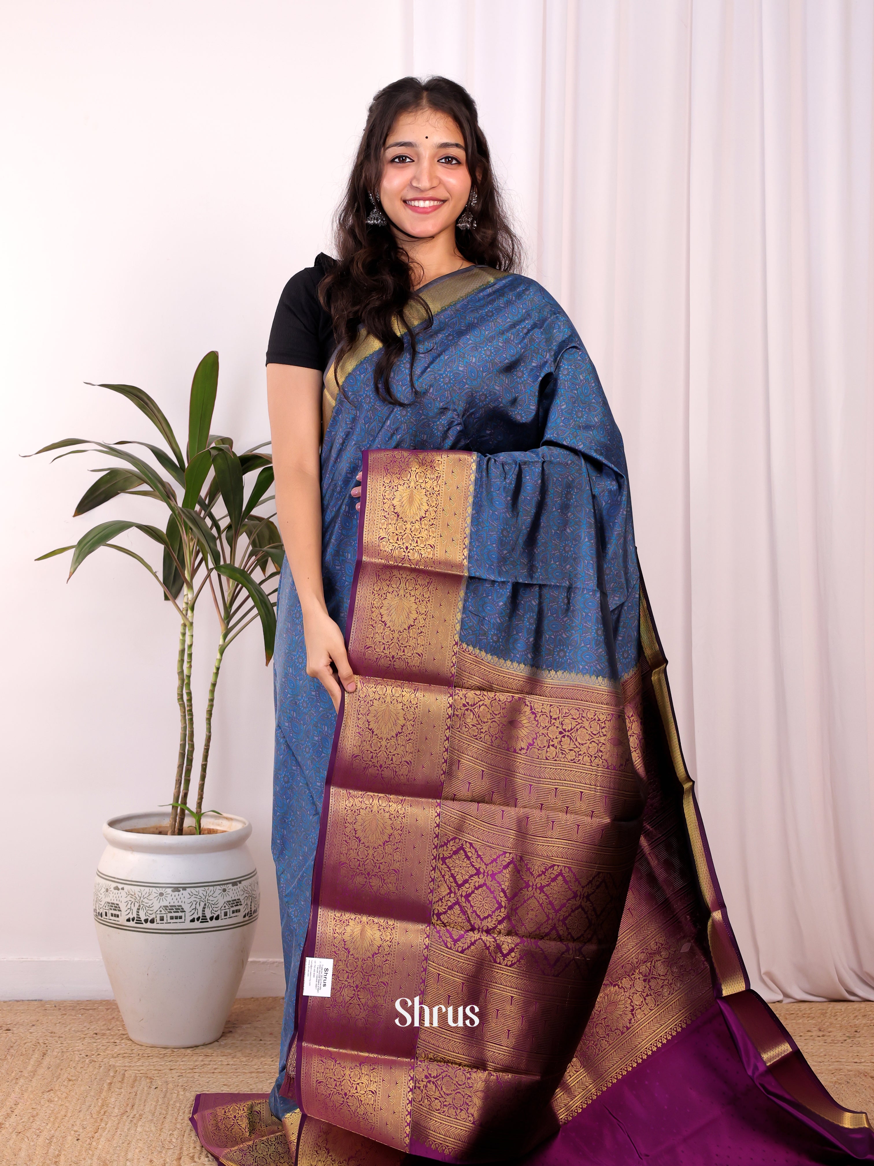 Blue & Violet - Printed Silk Saree - Shop on Shrus.com