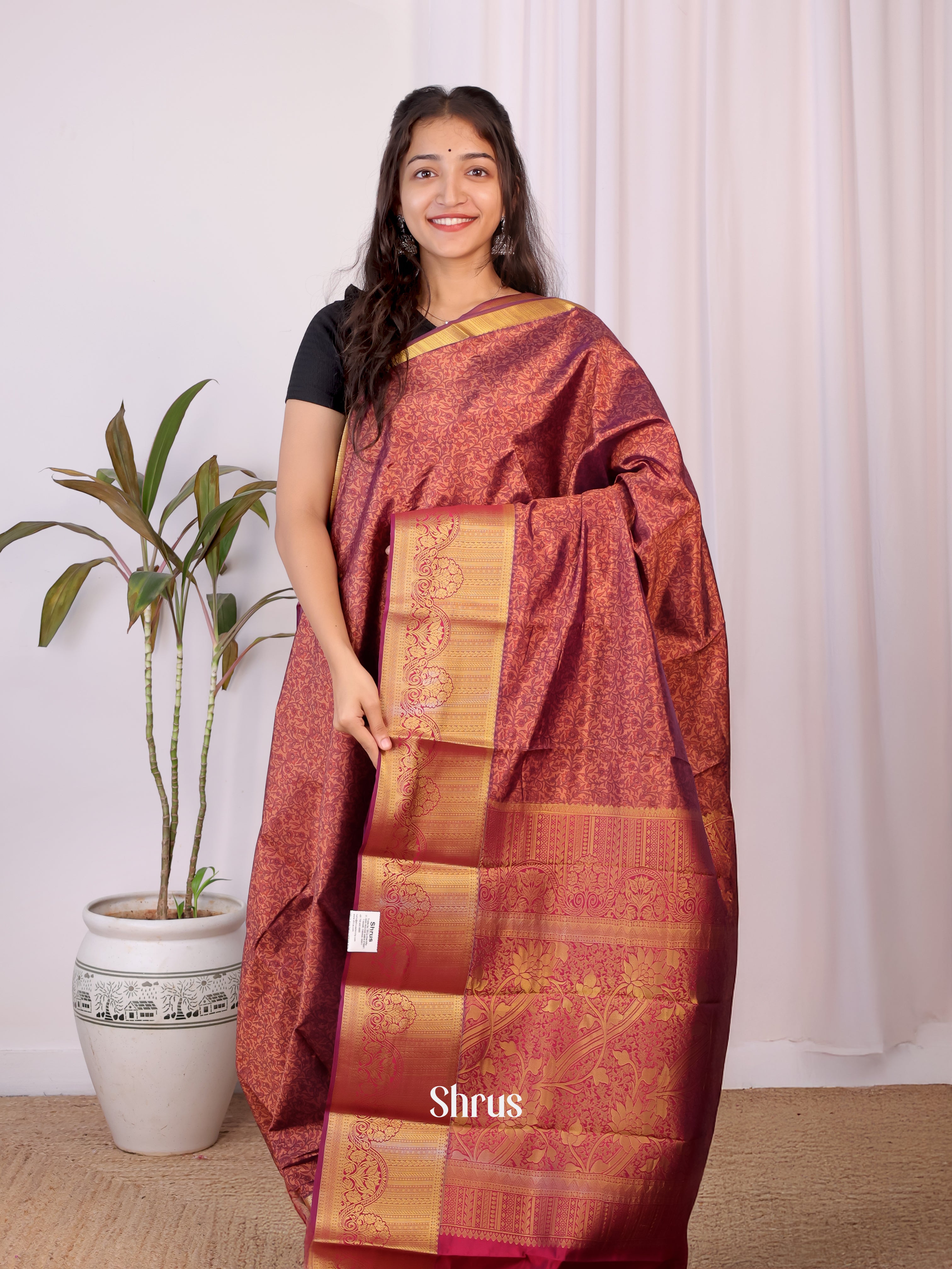 Brown & Maroon- Printed Silk Saree - Shop on Shrus.com