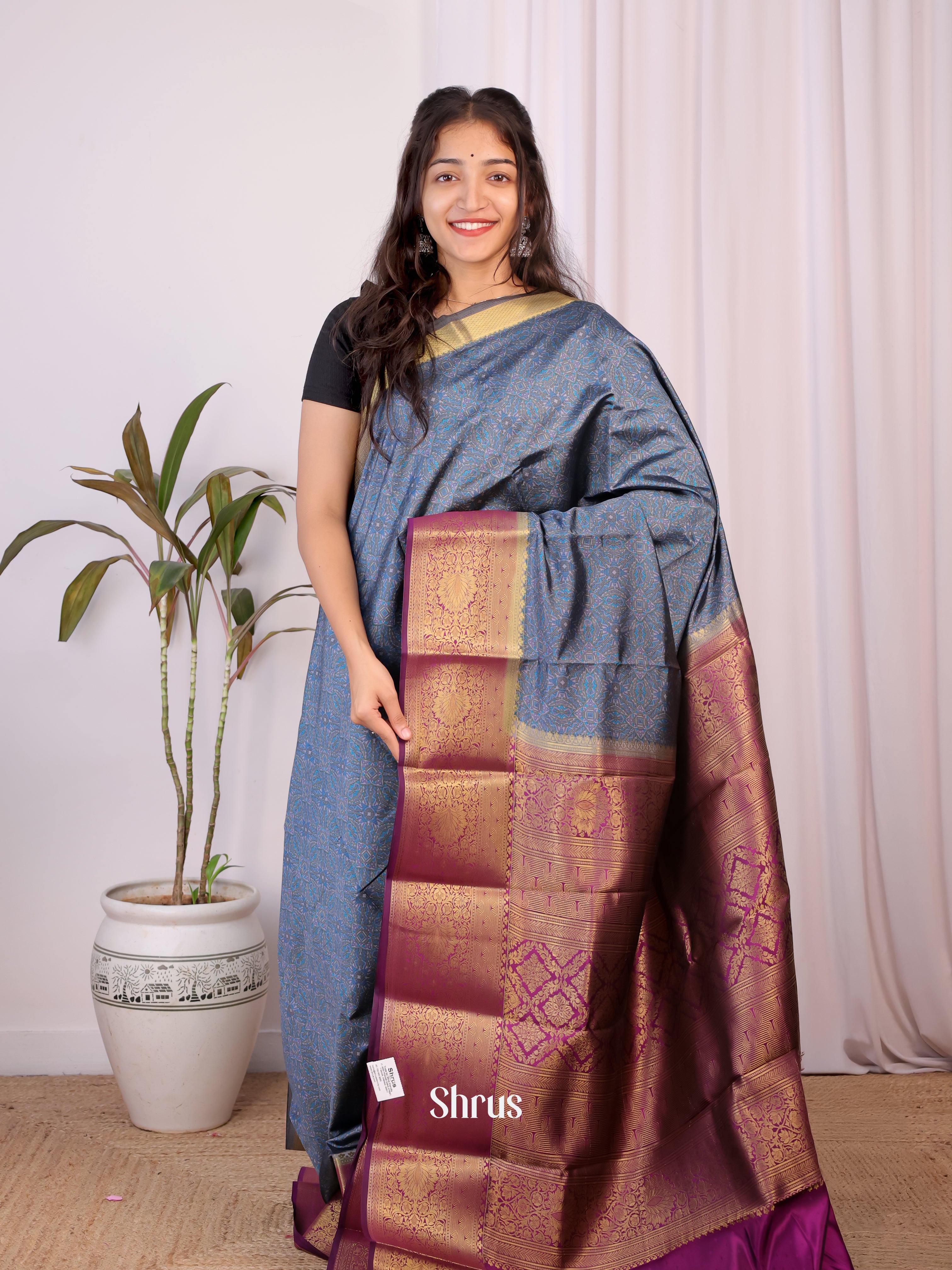 Blue & Majneta - Printed Silk Saree - Shop on Shrus.com