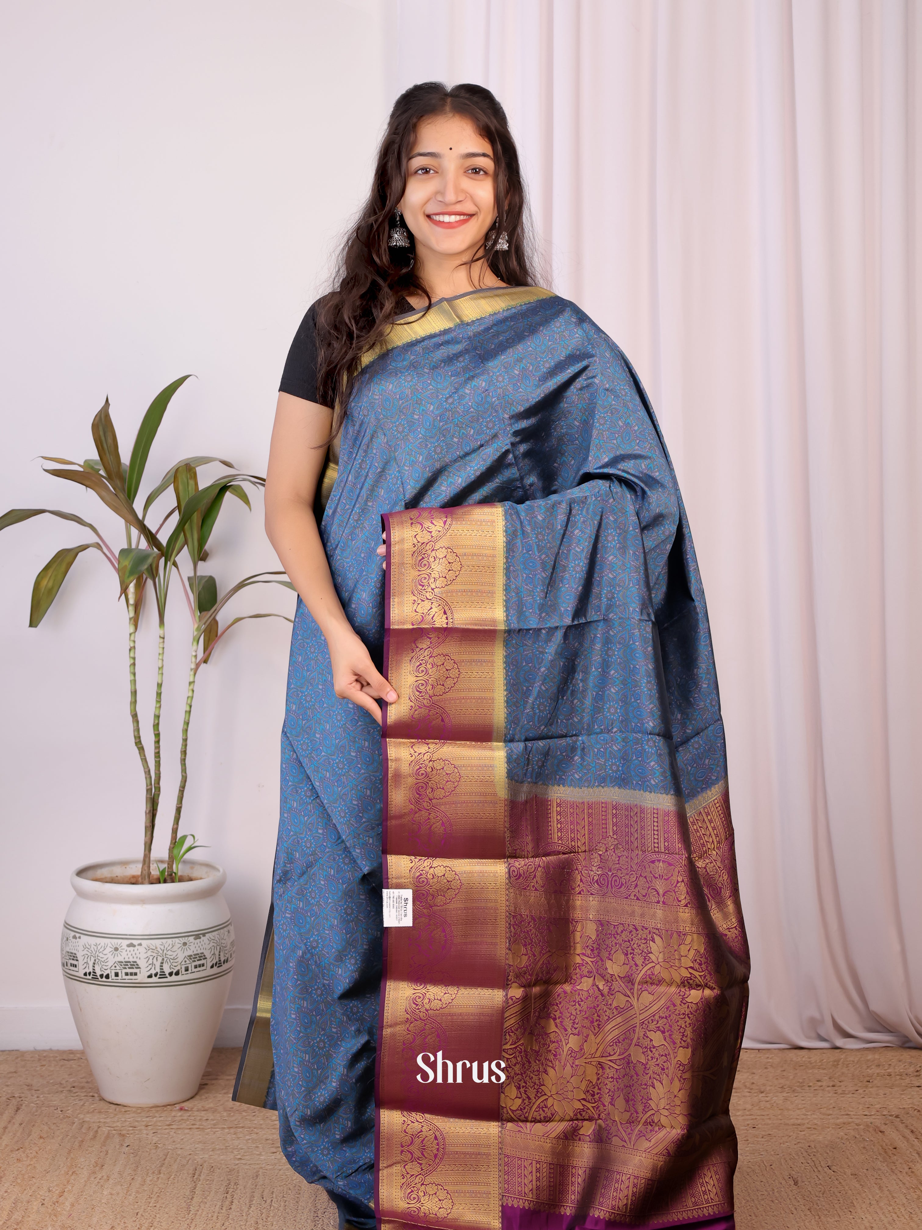 Blue & Purple - Printed Silk Saree - Shop on Shrus.com