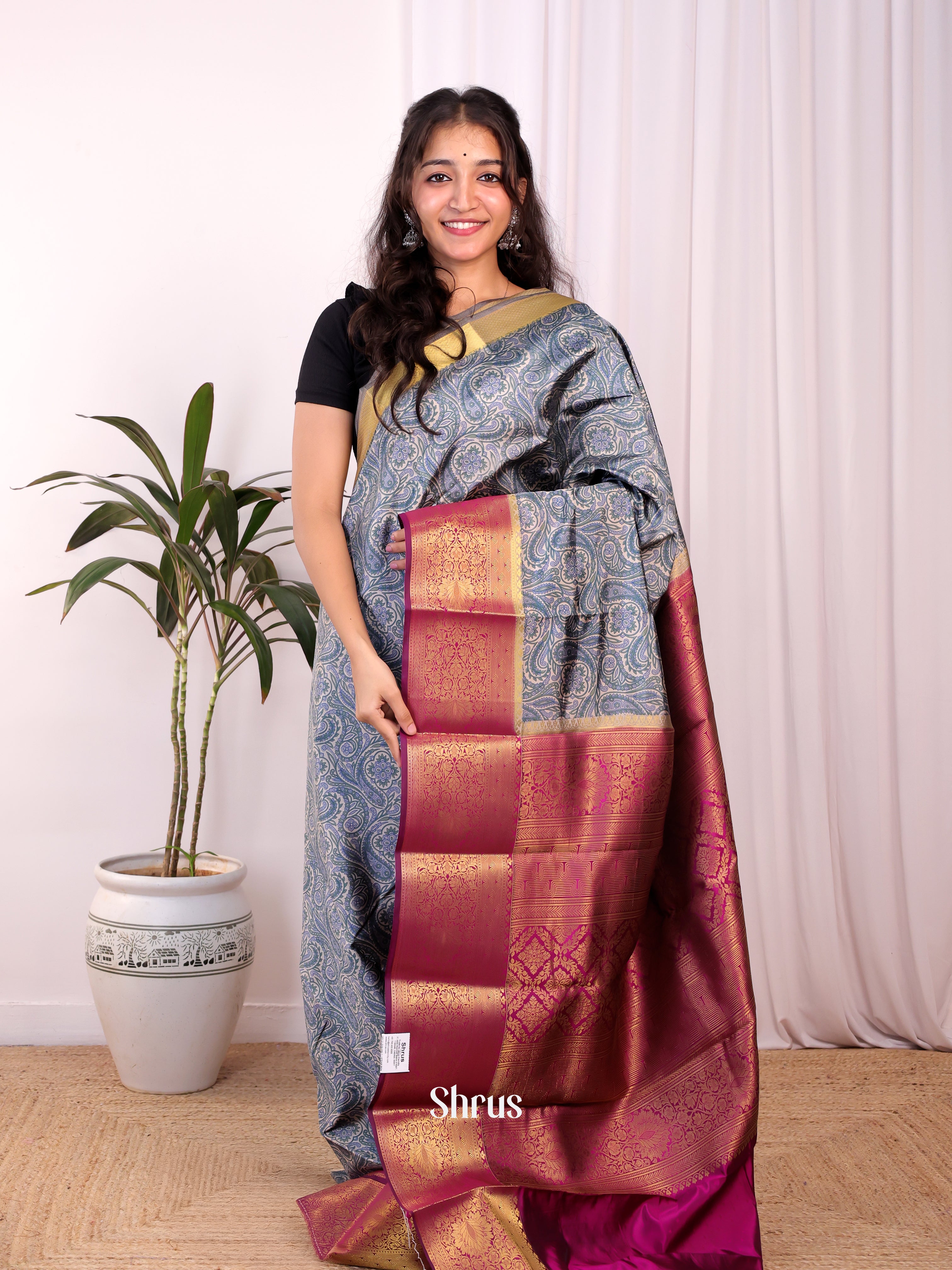 Grey & Purple- Printed Silk Saree - Shop on Shrus.com