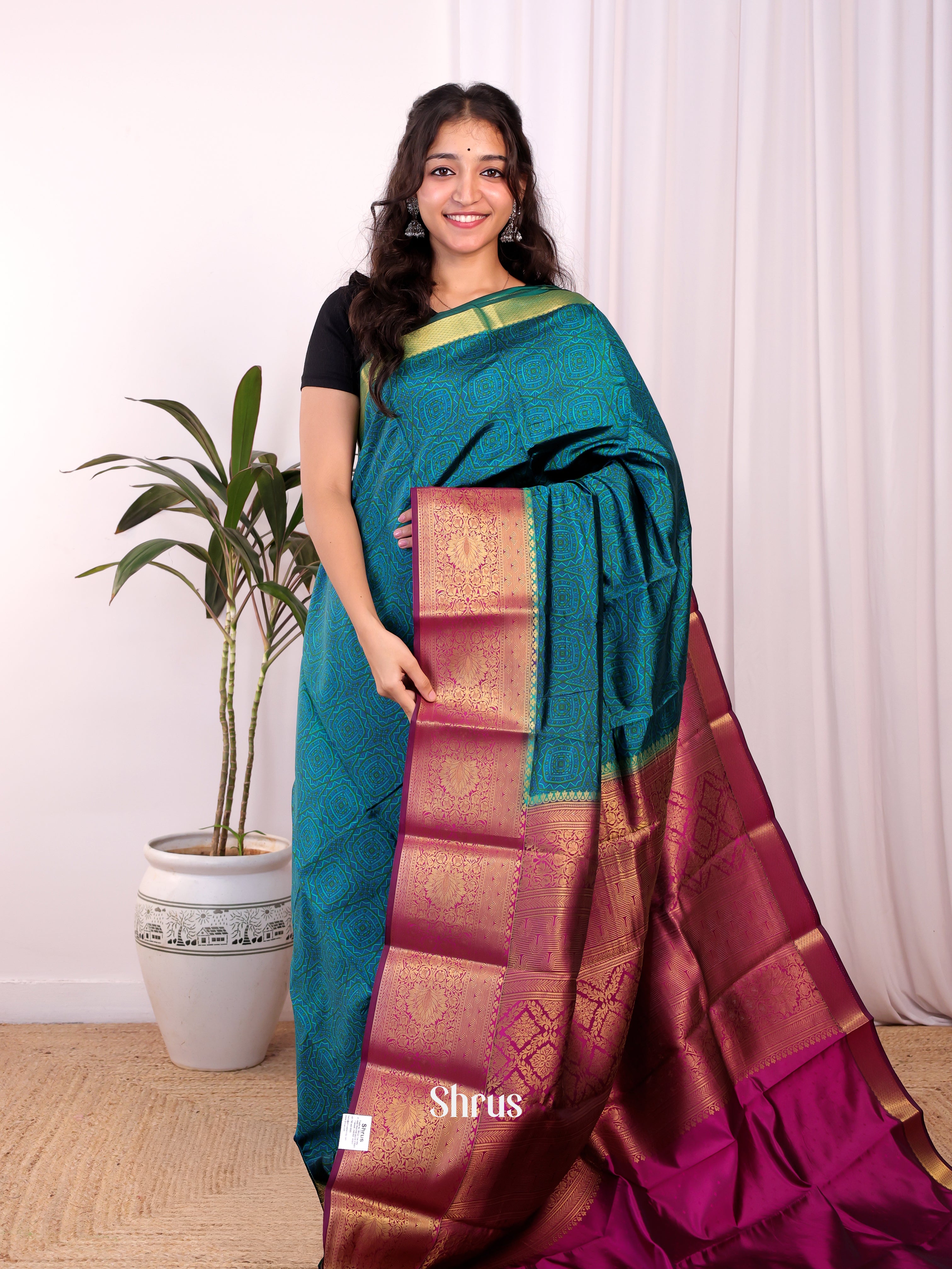 Blue & Wine - Printed Silk Saree - Shop on Shrus.com