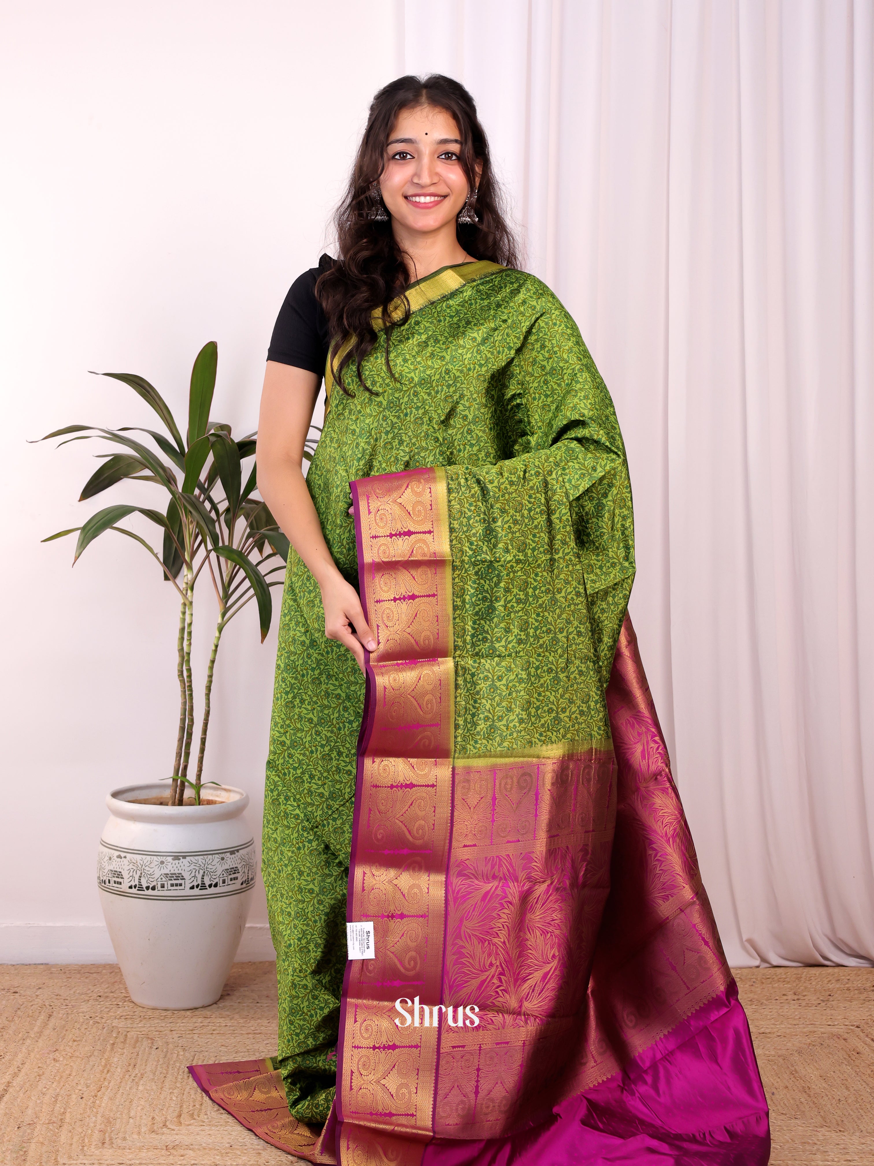 Green & Majenta - Printed Silk Saree - Shop on Shrus.com