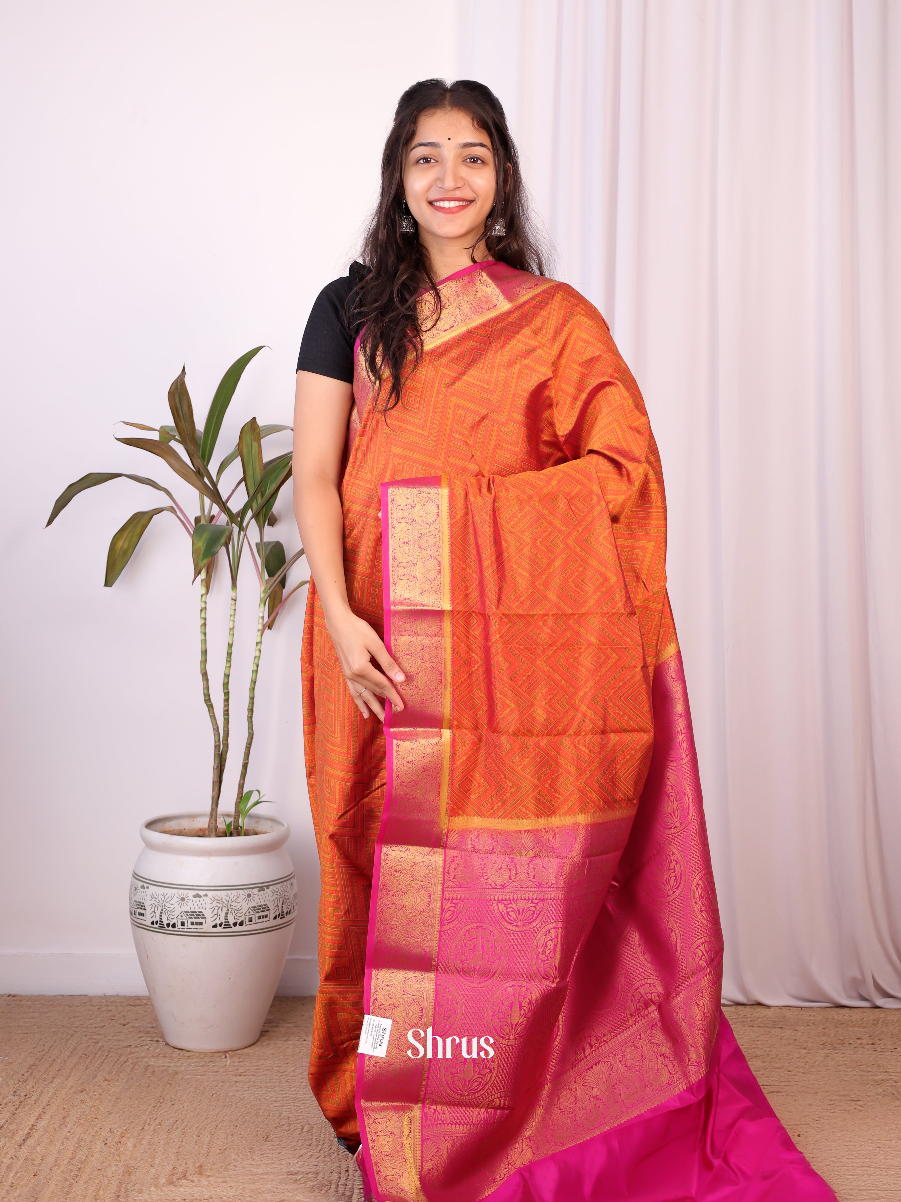 Brick & Majenta- Printed Silk Saree - Shop on Shrus.com