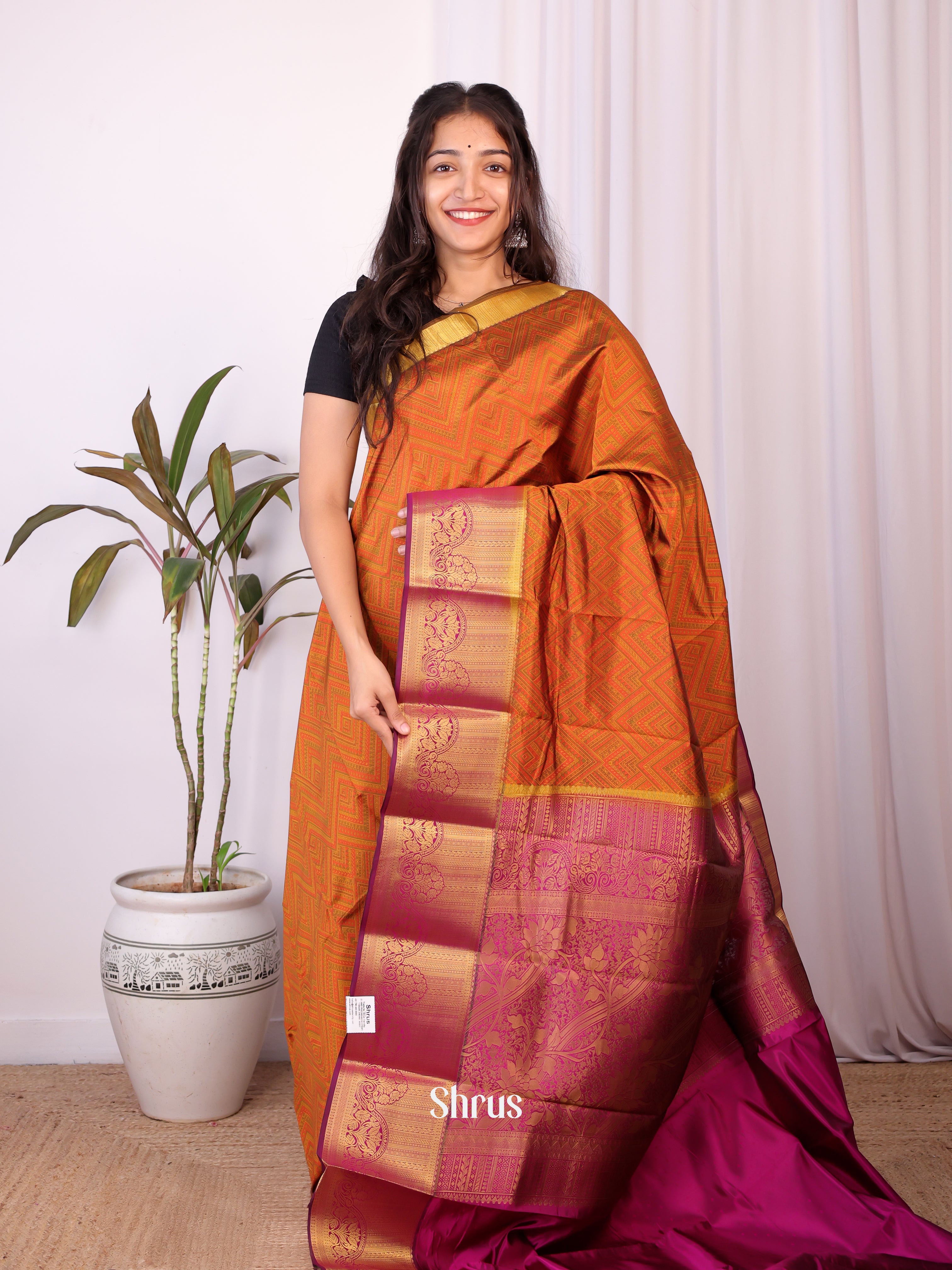 Green, Rust & Majenta - Printed Silk Saree - Shop on Shrus.com