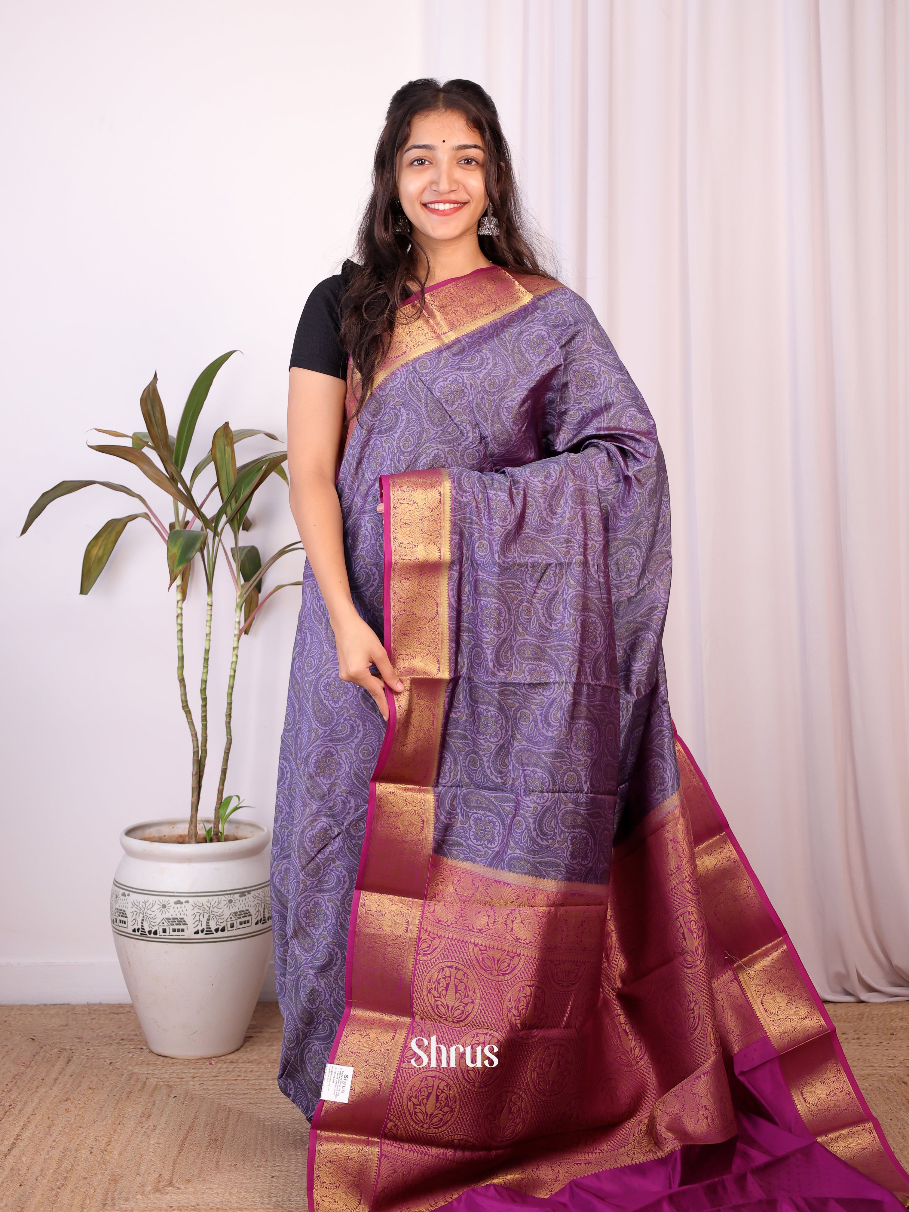 Purple & Majenta- Printed Silk Saree - Shop on Shrus.com