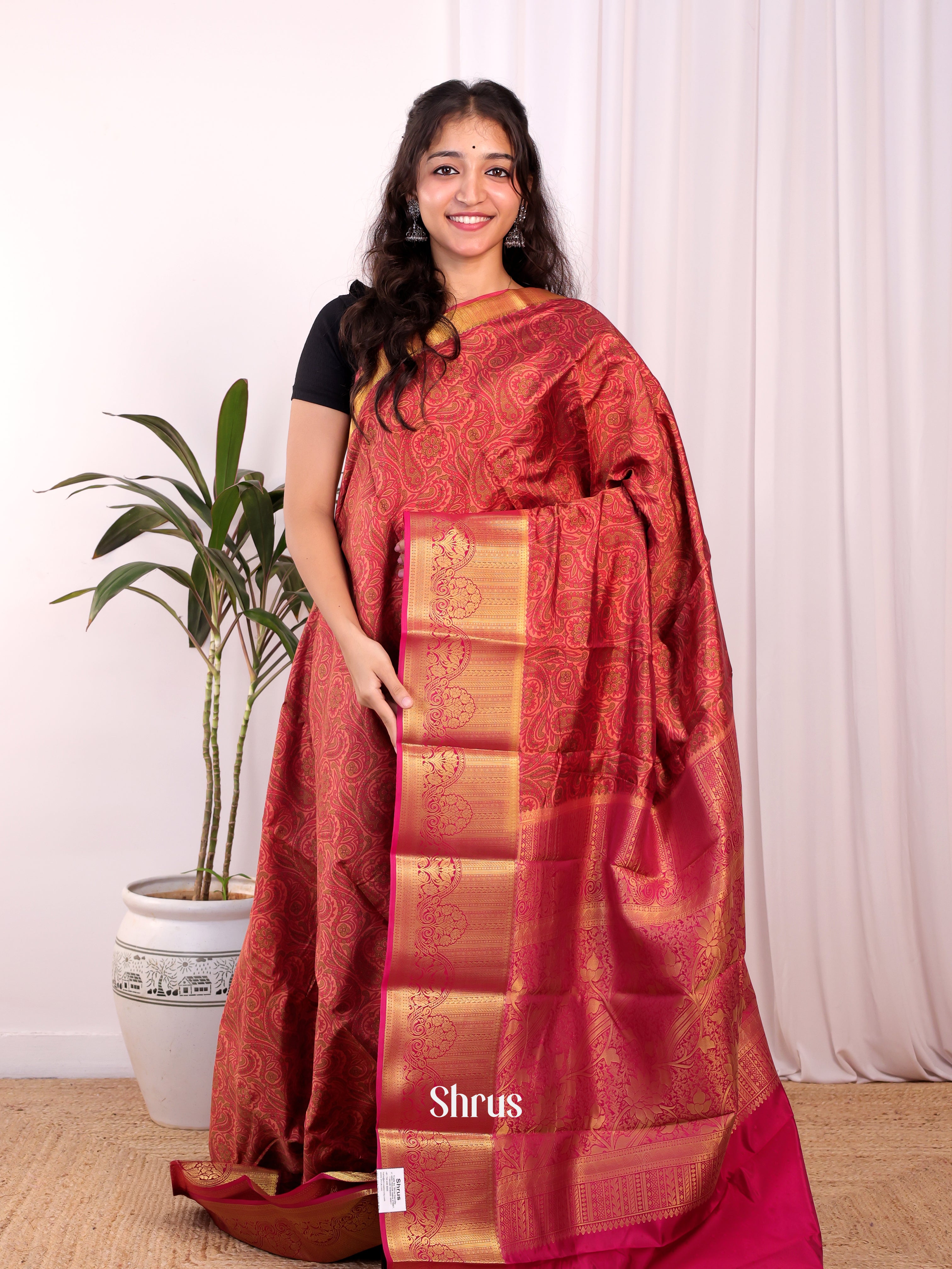 Rust & Maroon- Printed Silk Saree - Shop on Shrus.com