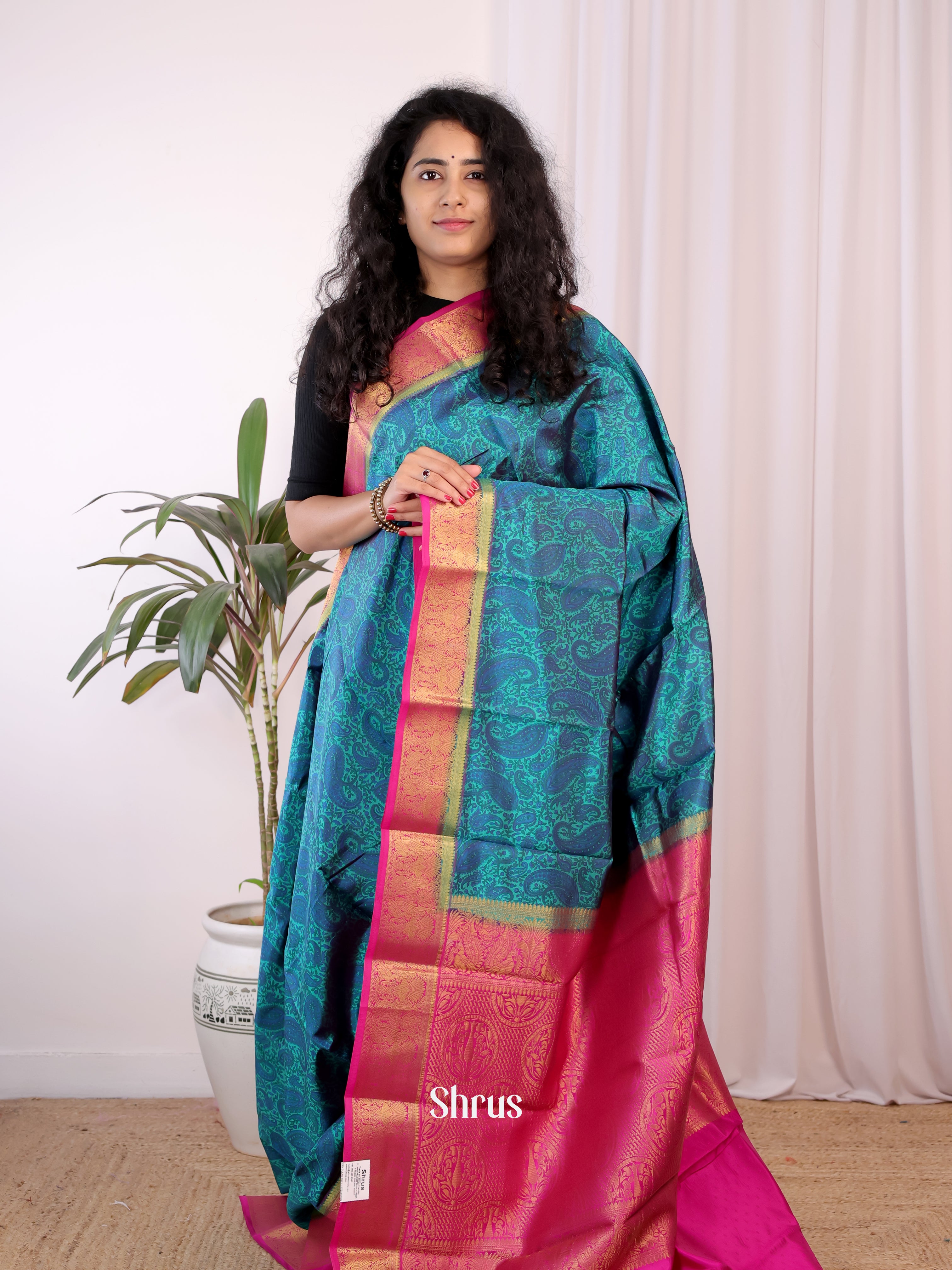 Blue & Pink - Printed Silk Saree - Shop on Shrus.com