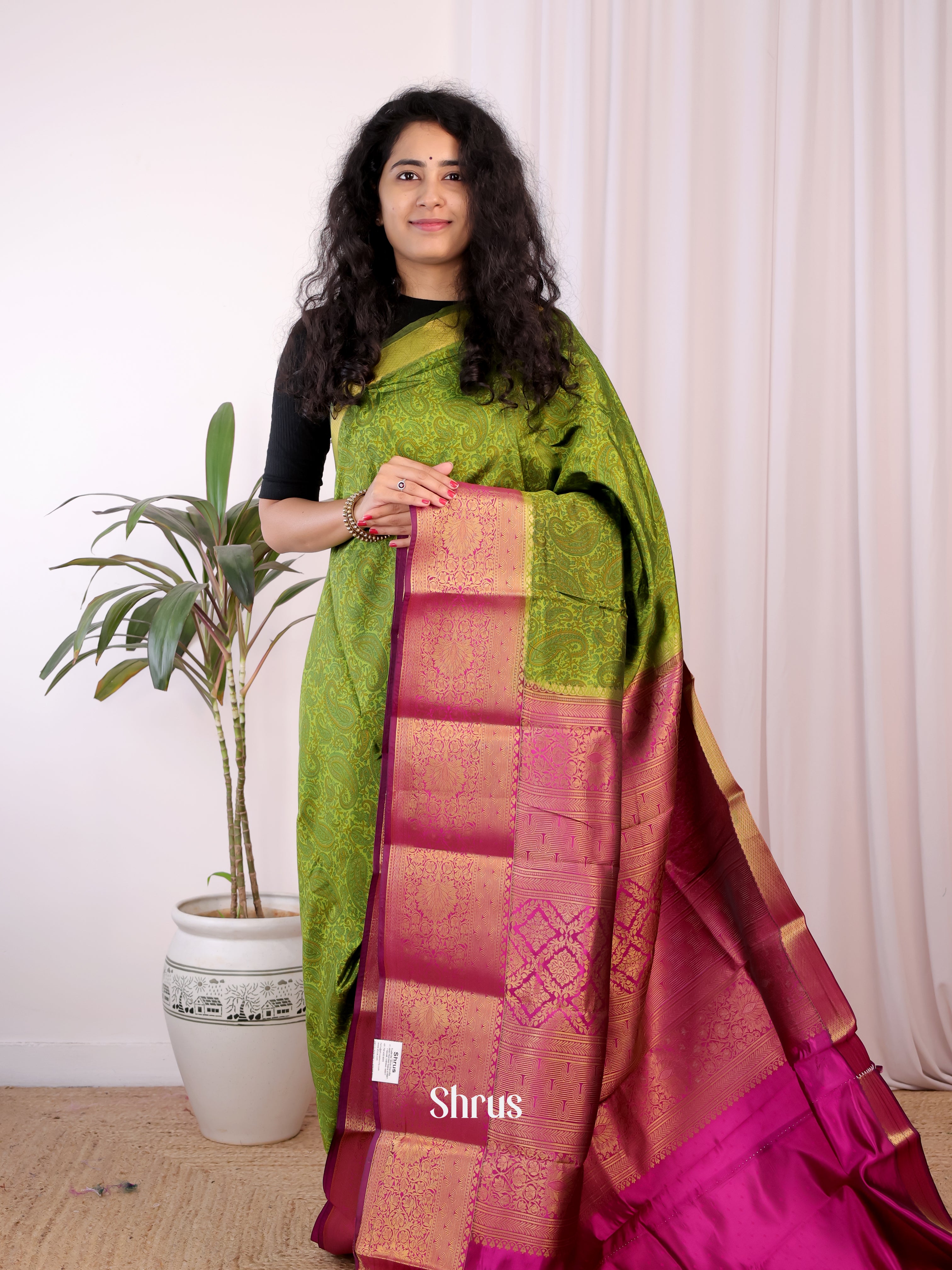 Green & Purple- Printed Silk Saree - Shop on Shrus.com