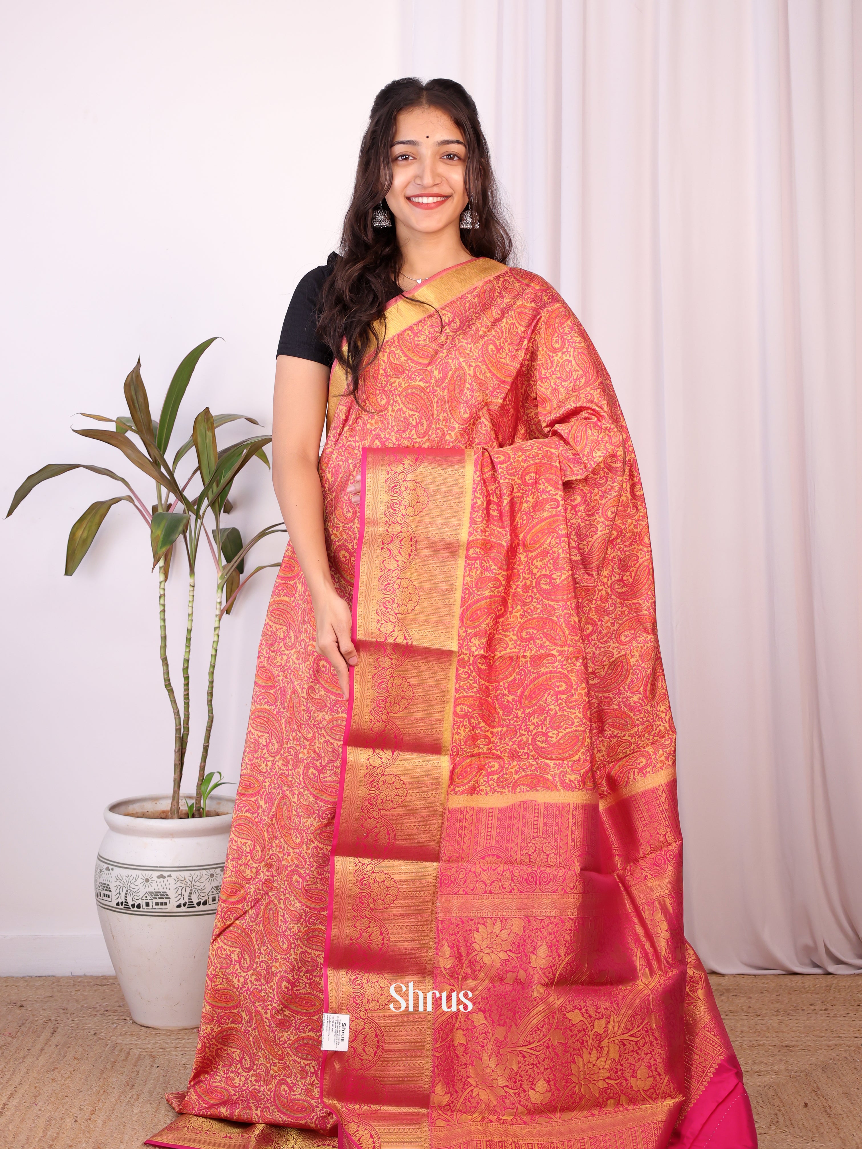 Peach & Pink - Printed Silk Saree - Shop on Shrus.com