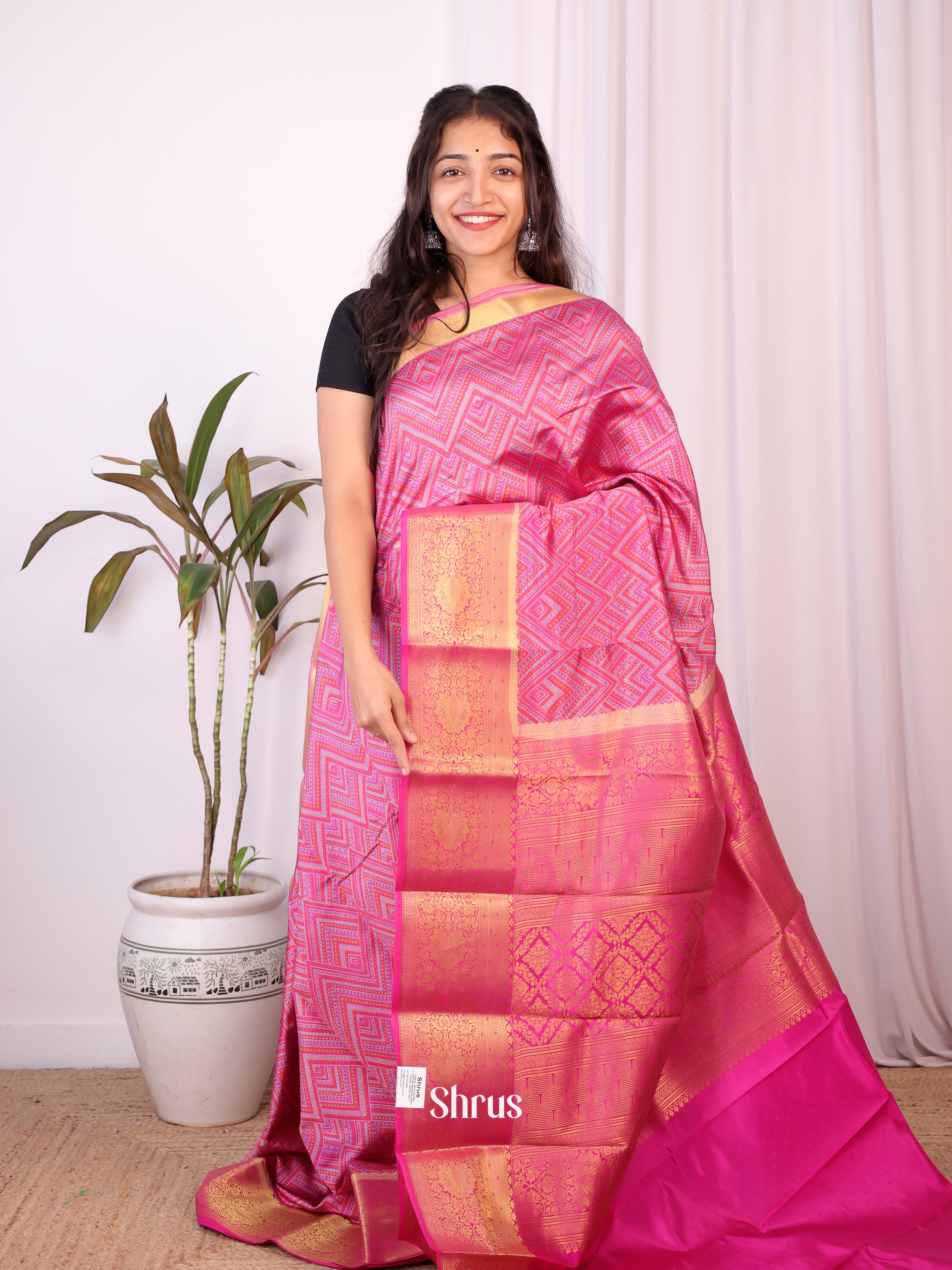 Pink- Printed Silk Saree - Shop on Shrus.com