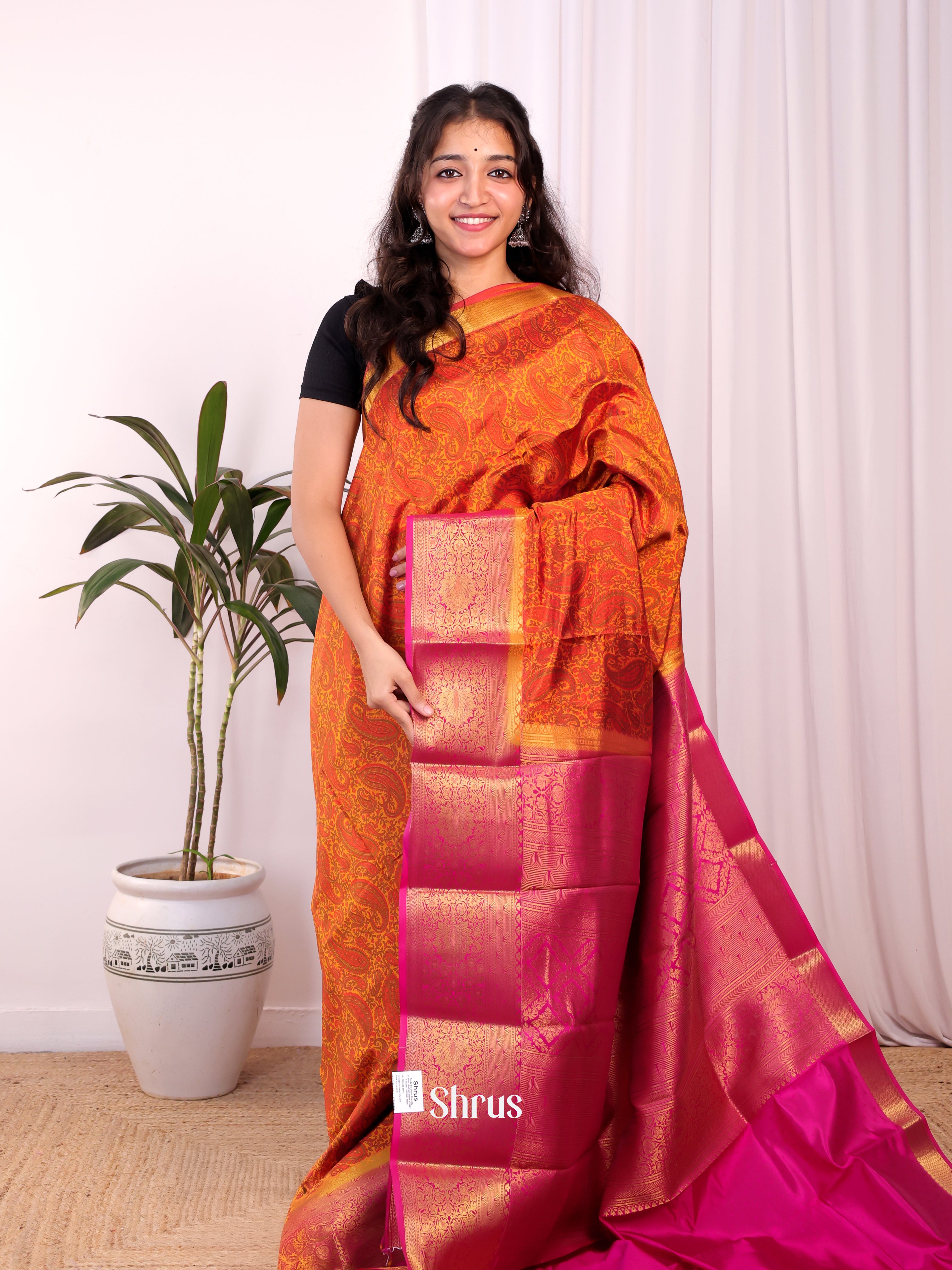 Orange & Majenta - Printed Silk Saree - Shop on Shrus.com