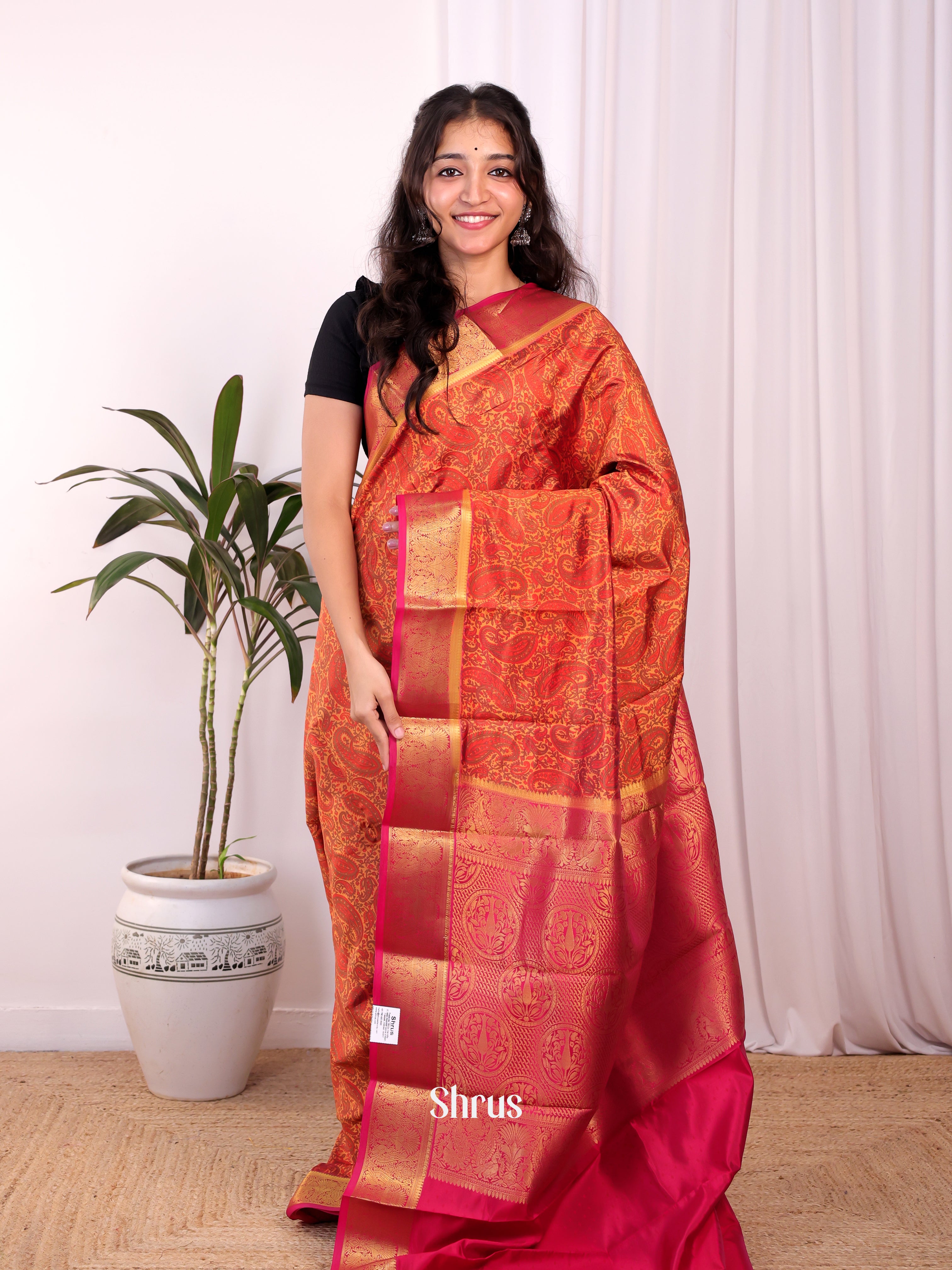 Orange & Maroon- Printed Silk Saree - Shop on Shrus.com