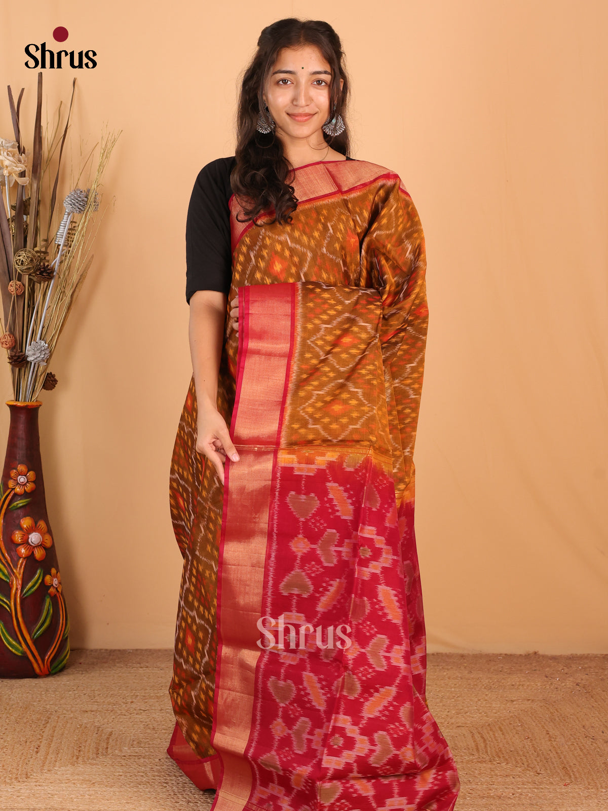 Mehandi & Maroon - Pochampally sico Saree - Shop on Shrus.com