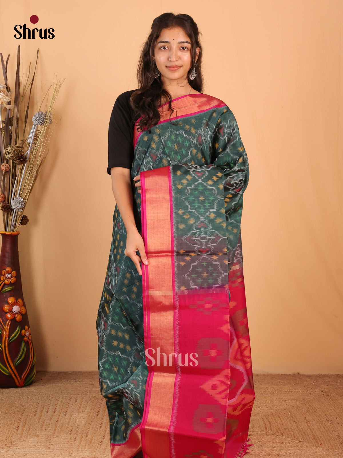 Peacock Green & Maroon - Pochampally sico Saree - Shop on Shrus.com