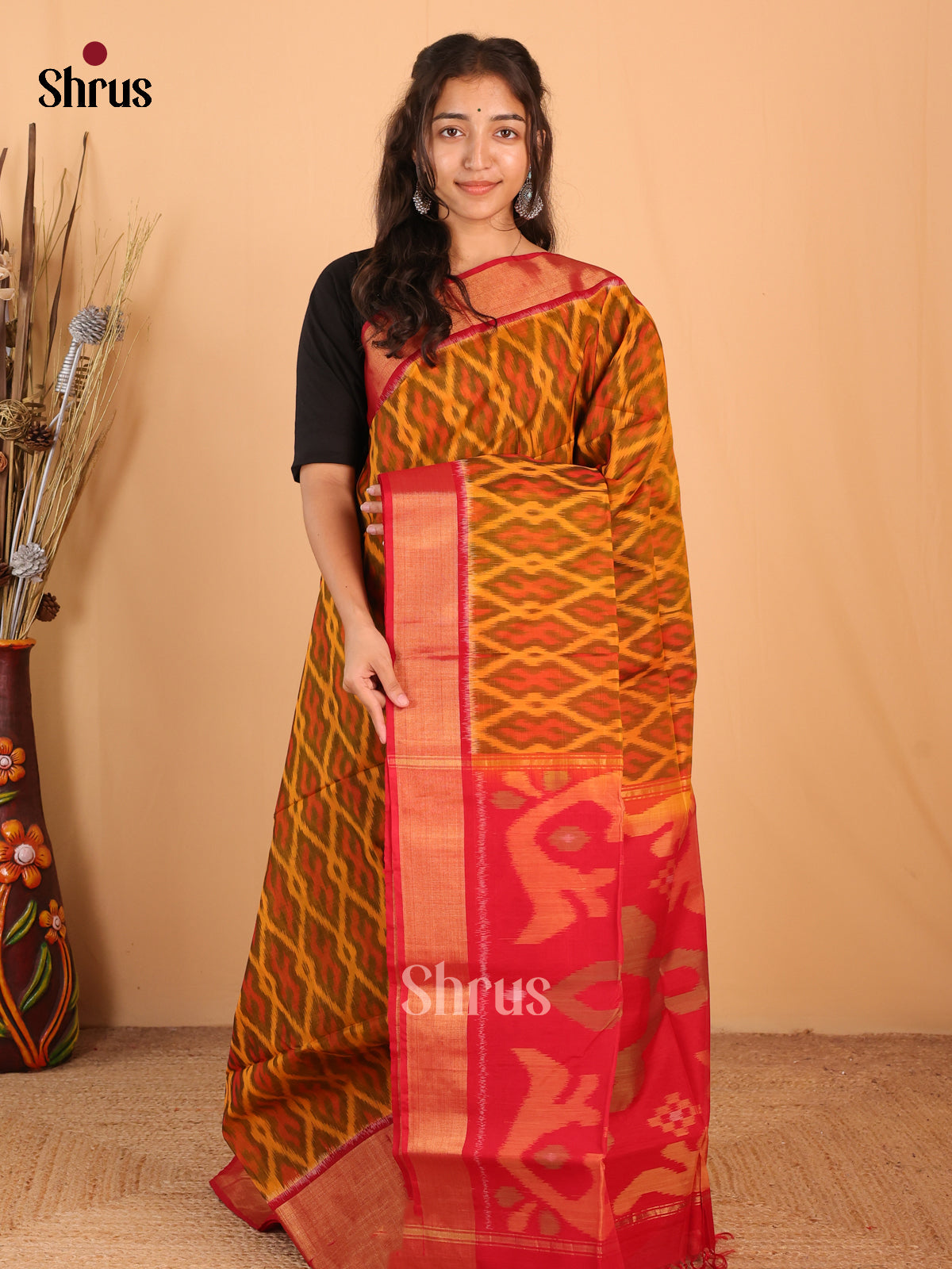 Mustard & Maroon - Pochampally sico Saree - Shop on Shrus.com