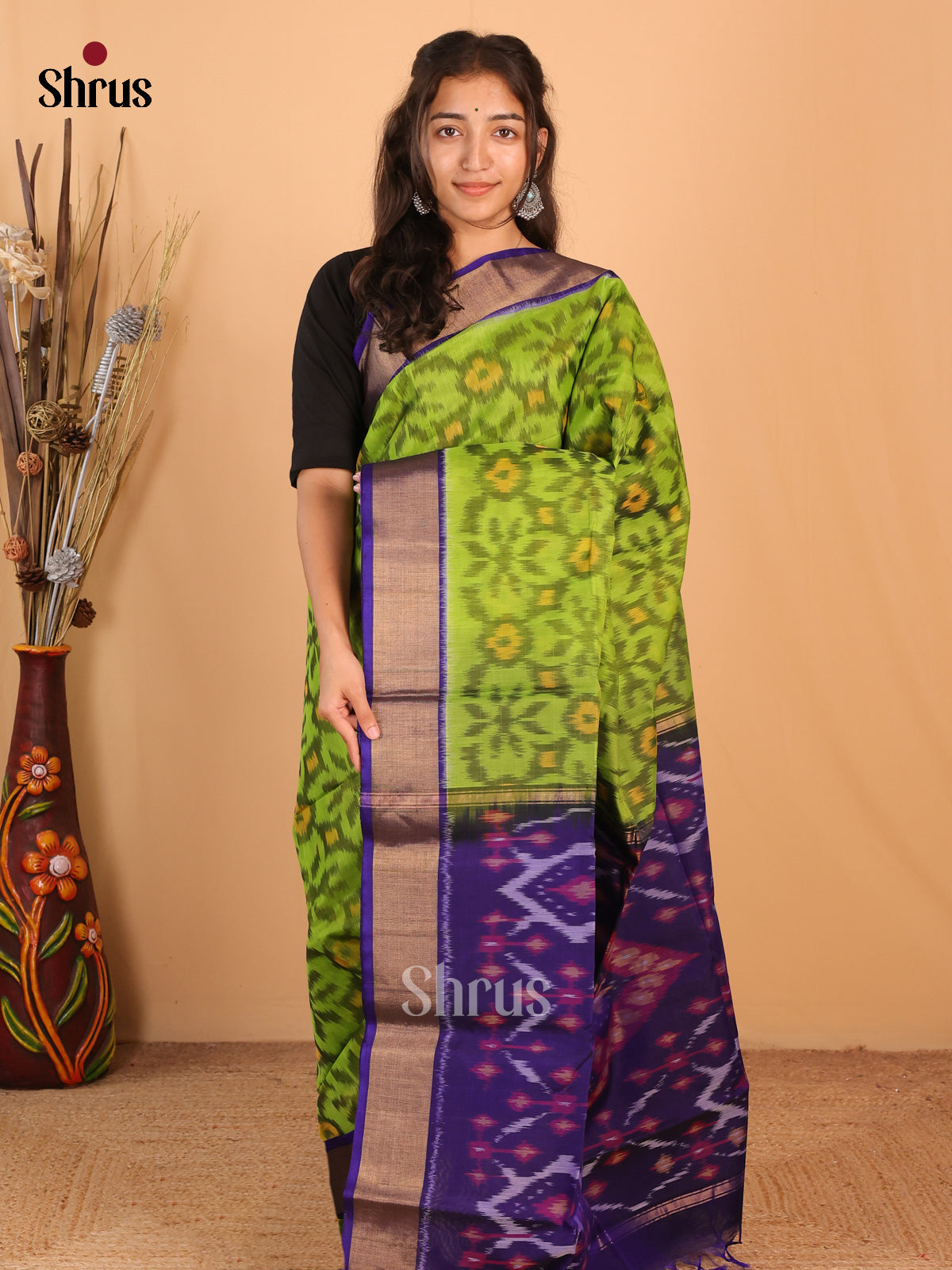 Lite Green & Violet - Pochampally sico Saree - Shop on Shrus.com