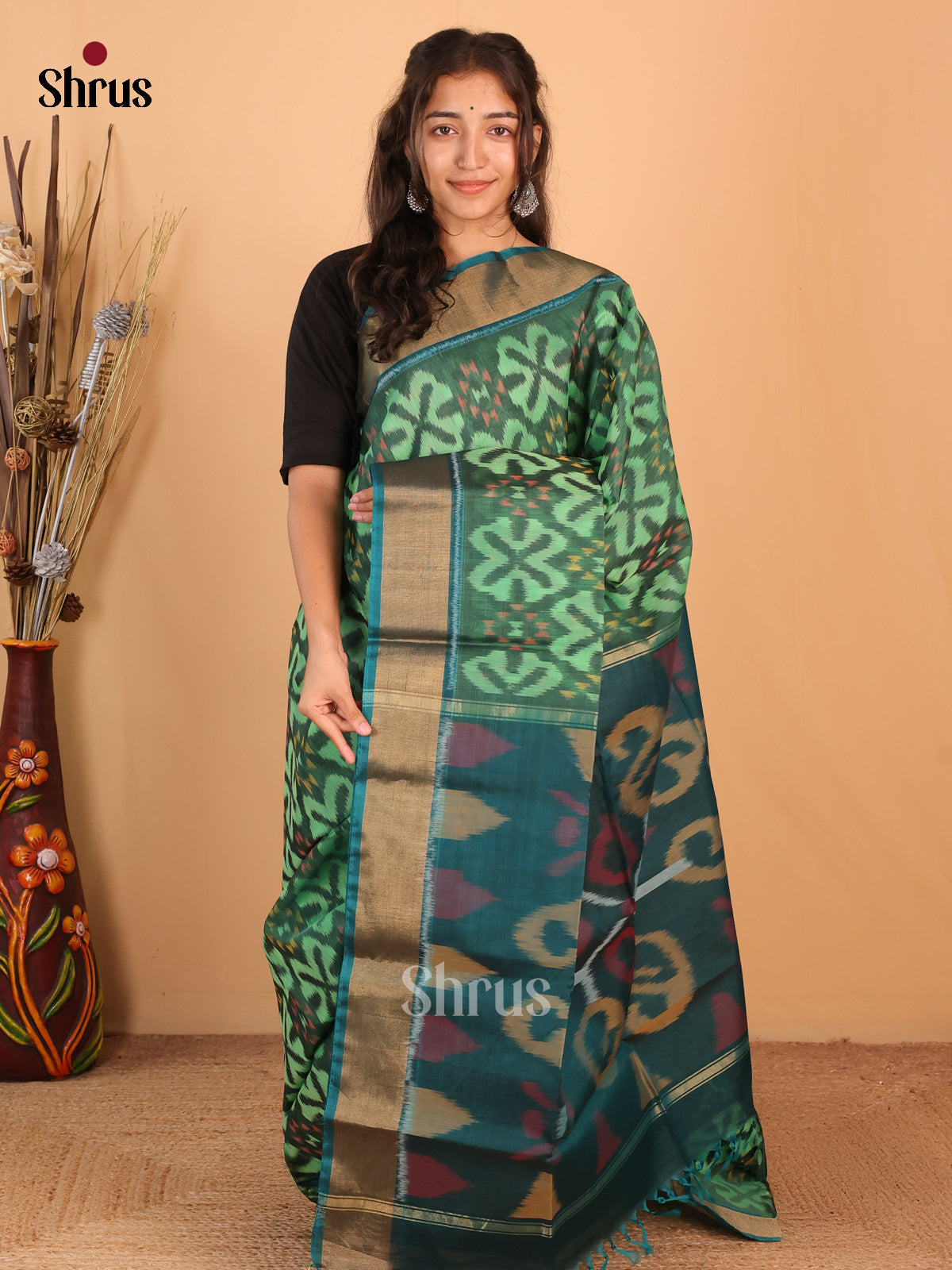Green & Peacock Green - Pochampally sico Saree - Shop on Shrus.com