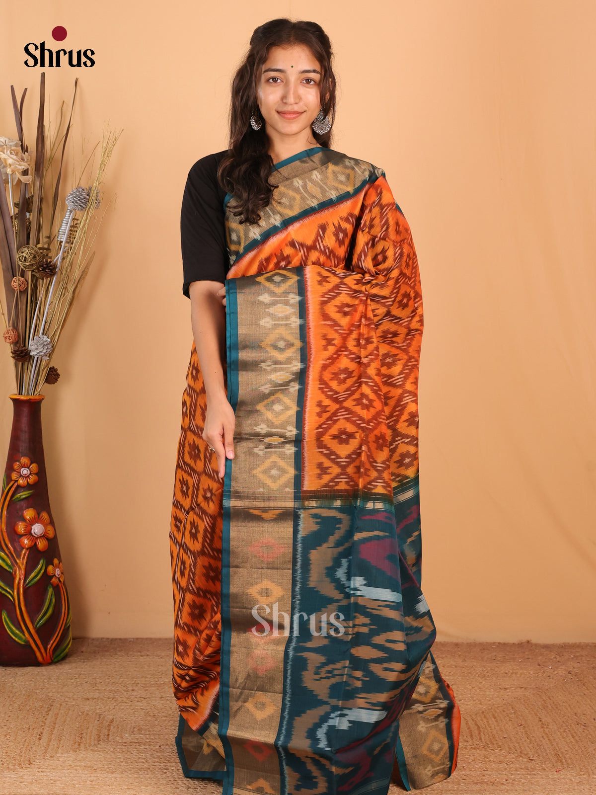 Orange & Peacock Green - Pochampally sico Saree - Shop on Shrus.com