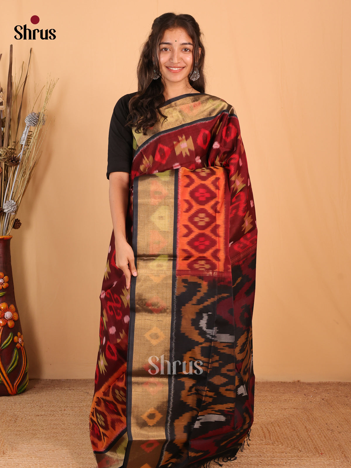 Maroon & Black - Pochampally sico Saree - Shop on Shrus.com