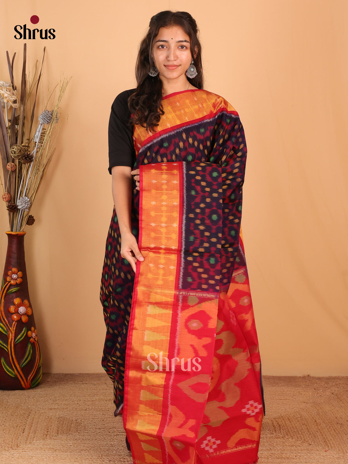 Black & Red - Pochampally sico Saree - Shop on Shrus.com