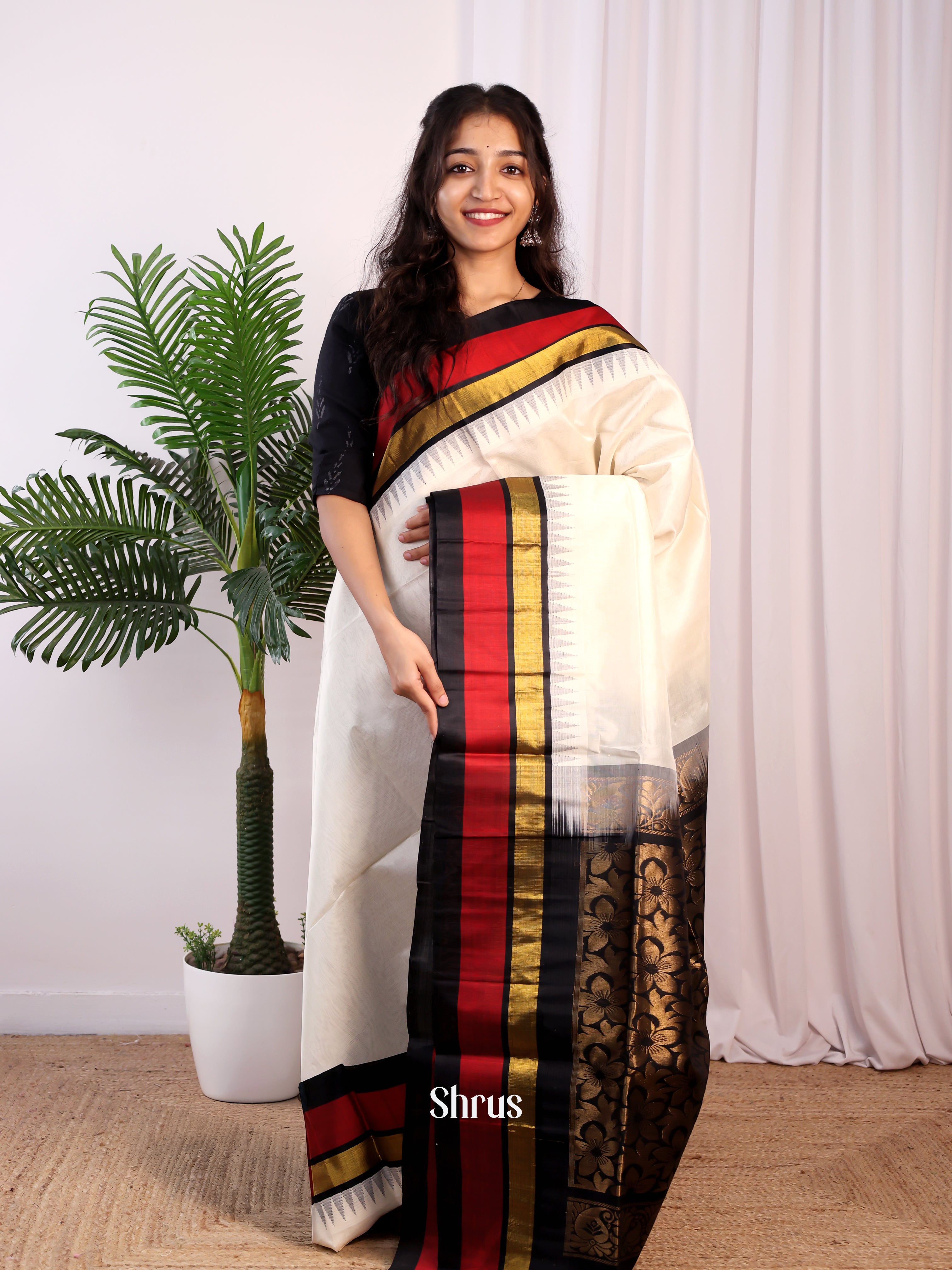 Off White & Black - Silk Cotton Saree - Shop on Shrus.com