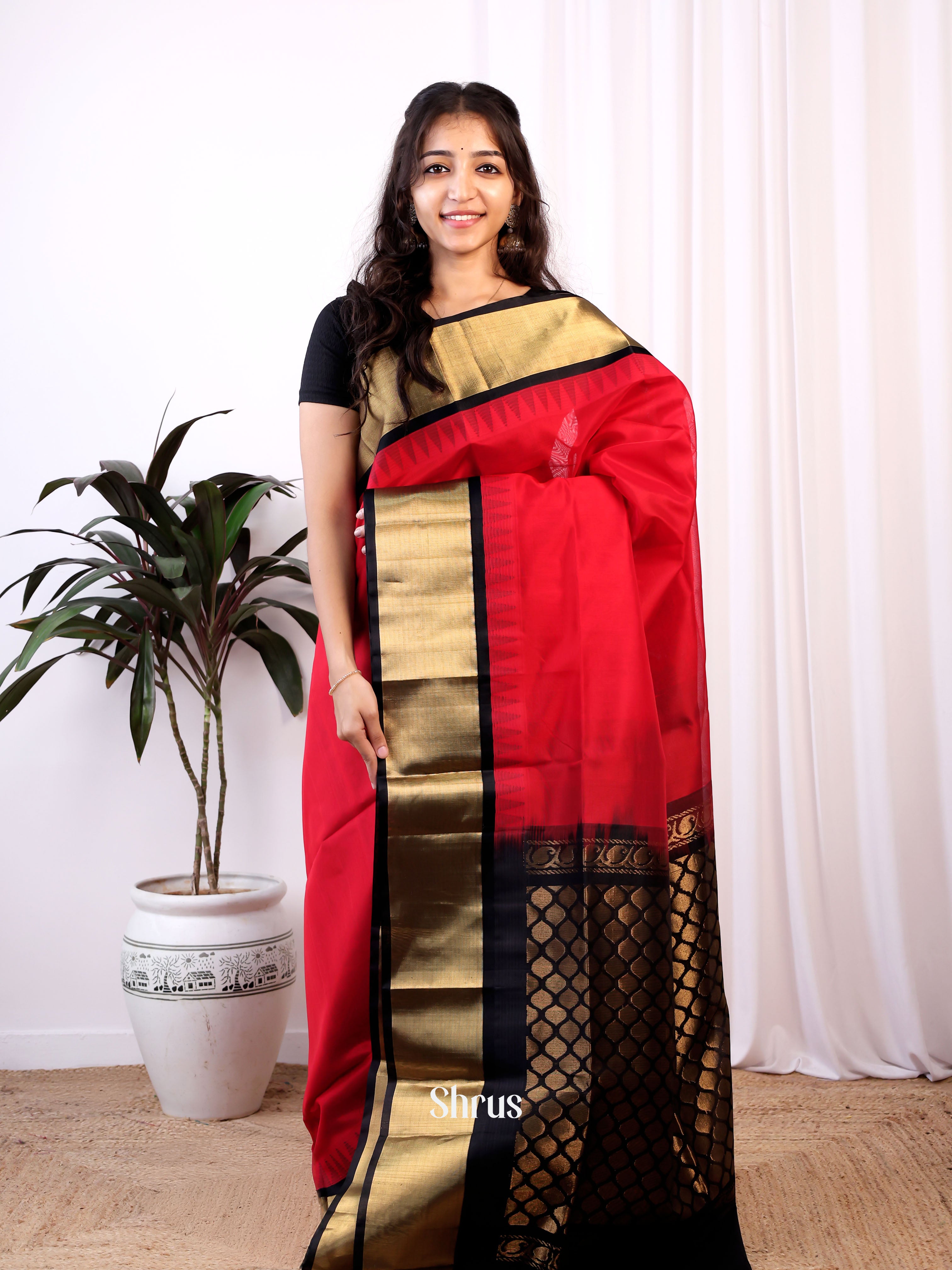 Red & Black- Silk Cotton Saree - Shop on Shrus.com