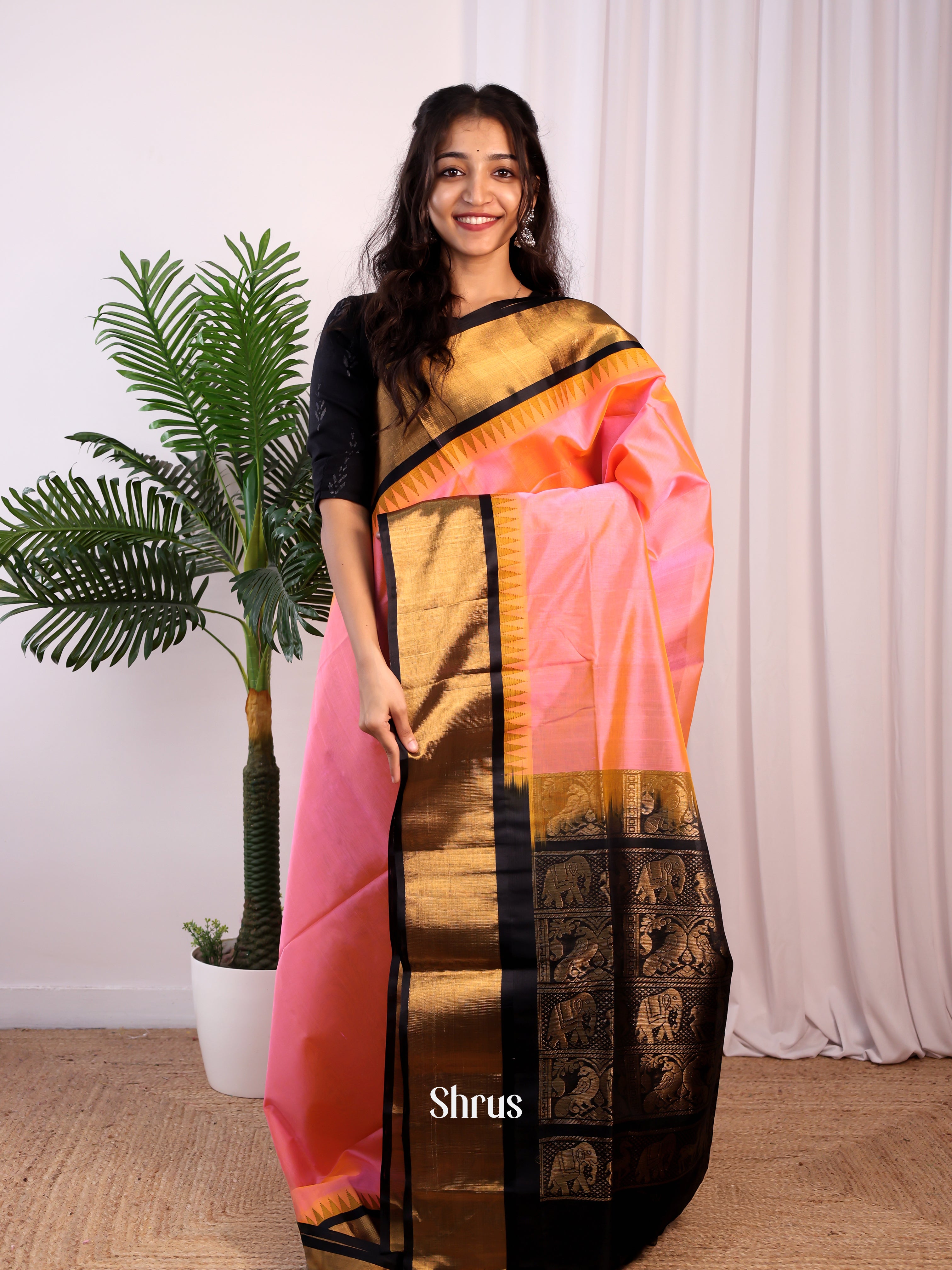 Peachish Pink & Black - Silk Cotton Saree - Shop on Shrus.com