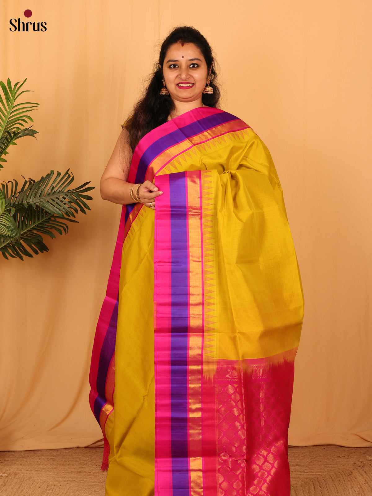 Mustard & Pink - Silk Cotton Saree - Shop on Shrus.com