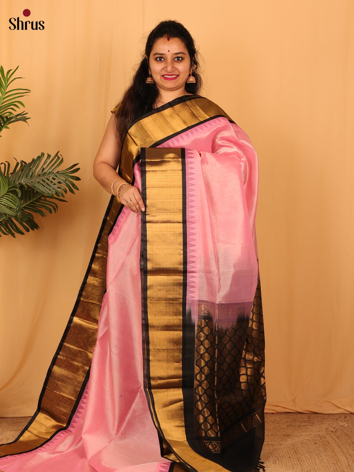 Pink & Black - Silk Cotton Saree - Shop on Shrus.com