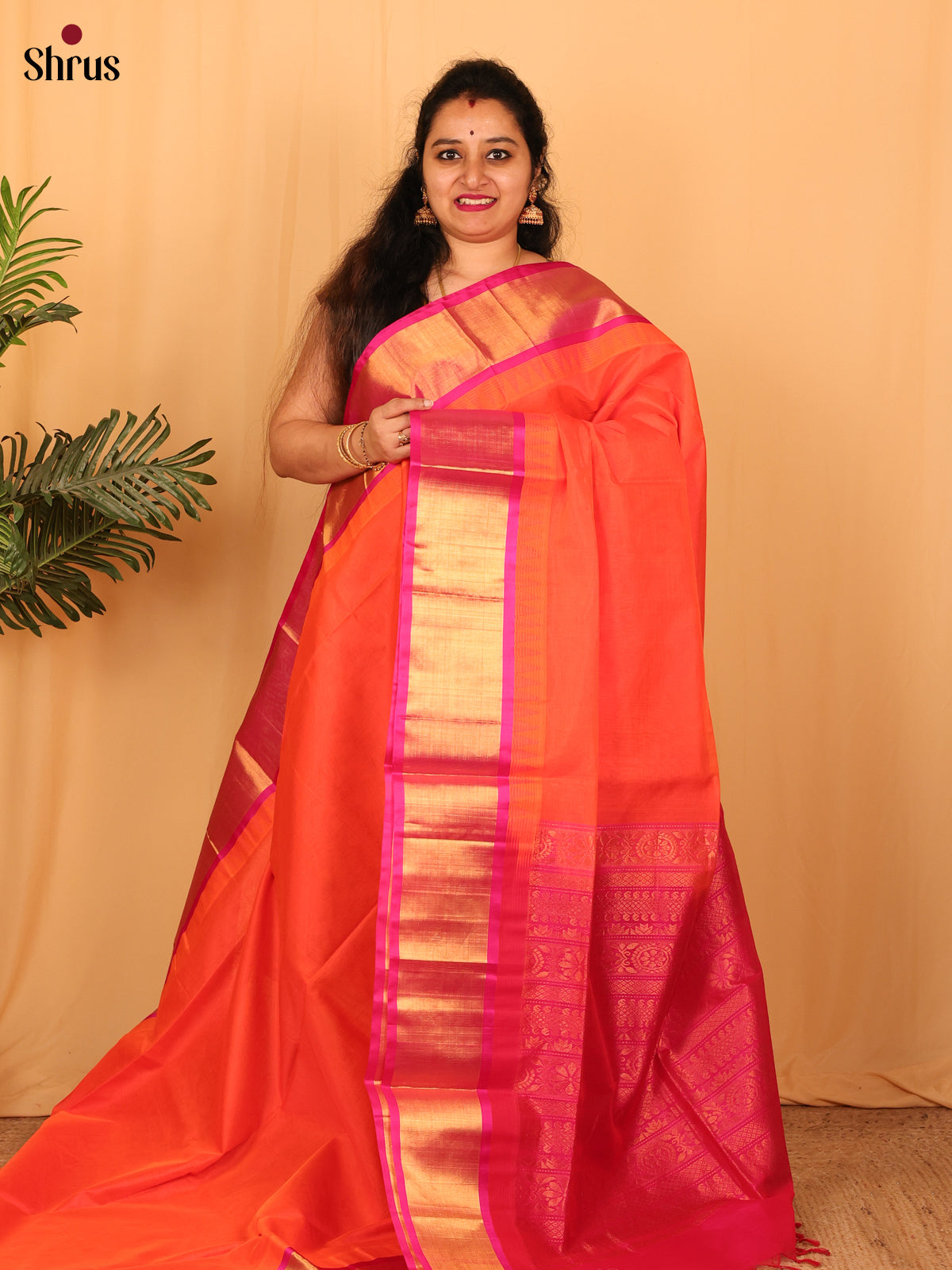 Orange & Pink - Silk Cotton Saree - Shop on Shrus.com