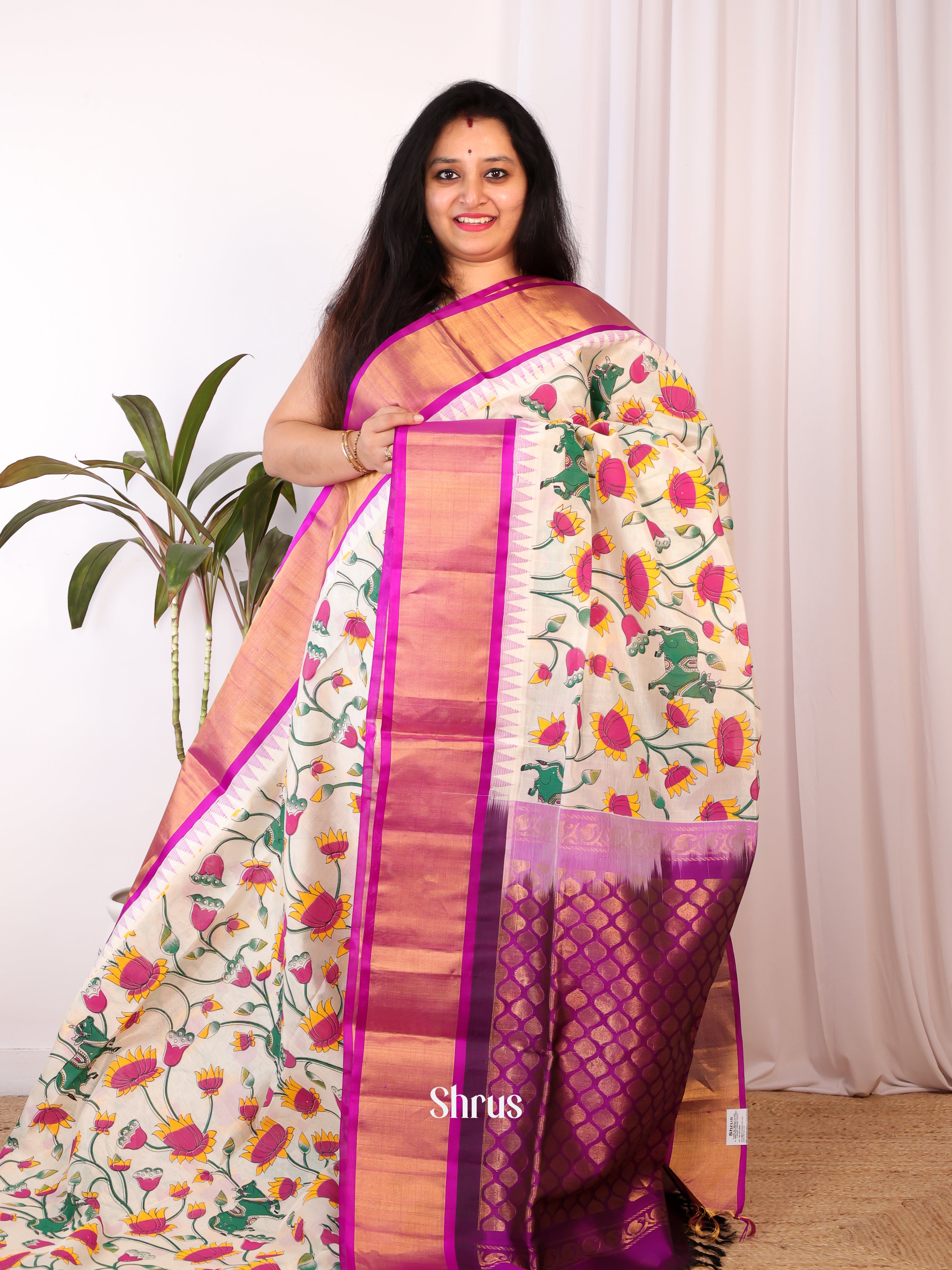 Cream & Majenta - Hindolam Saree - Shop on Shrus.com