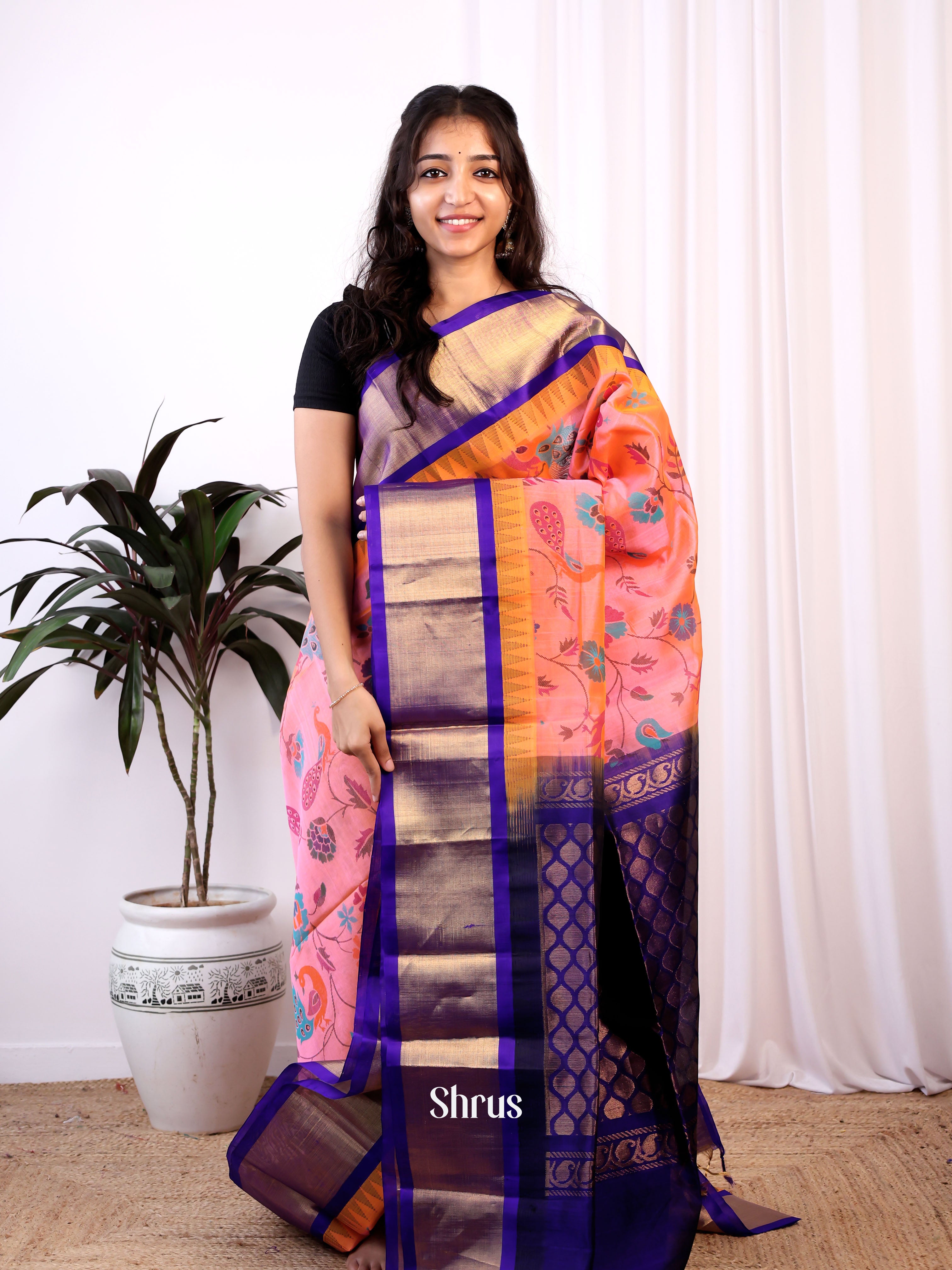 Pink & Blue - Silk Cotton Saree - Shop on Shrus.com