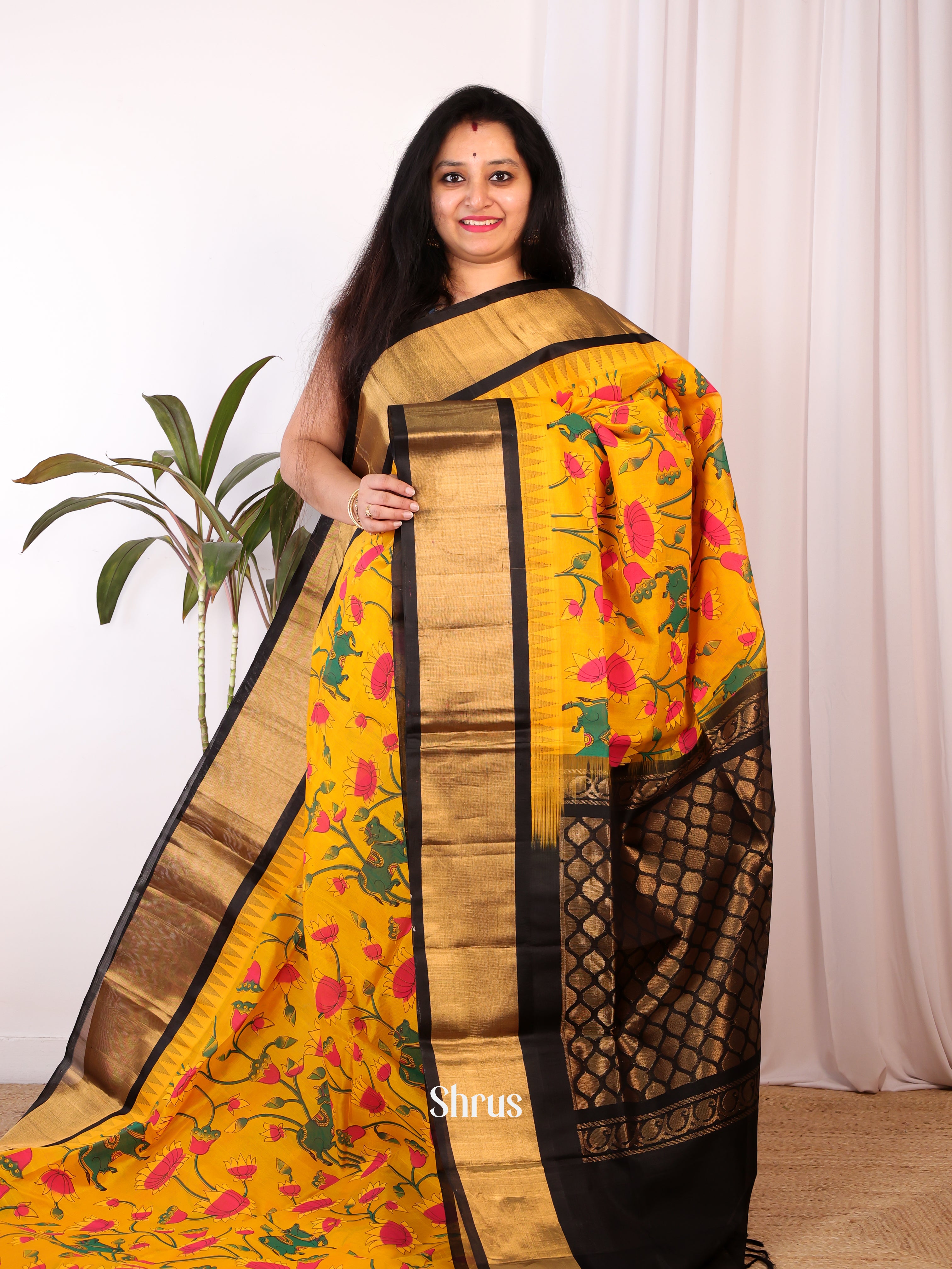 Yellow & Black- Hindolam Saree - Shop on Shrus.com
